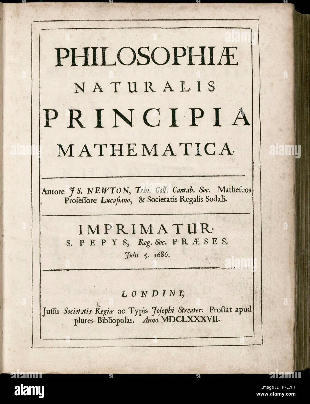 Philosophiae Naturalis Principia Mathematica, de Isaac Newton. (Los principios matemáticos de la filosofía natural). Título de página de la primera edición del 5 de julio de 1687. Foto de stock