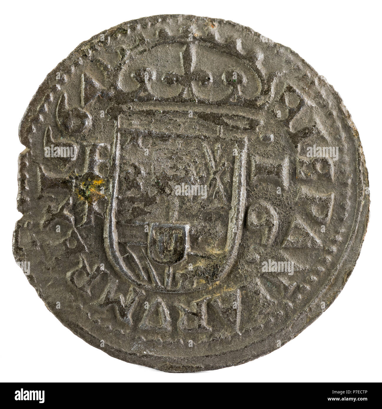 Antigua moneda de cobre española del Rey Felipe IV. 1664. !6 Maravedis.  Retroceso Fotografía de stock - Alamy