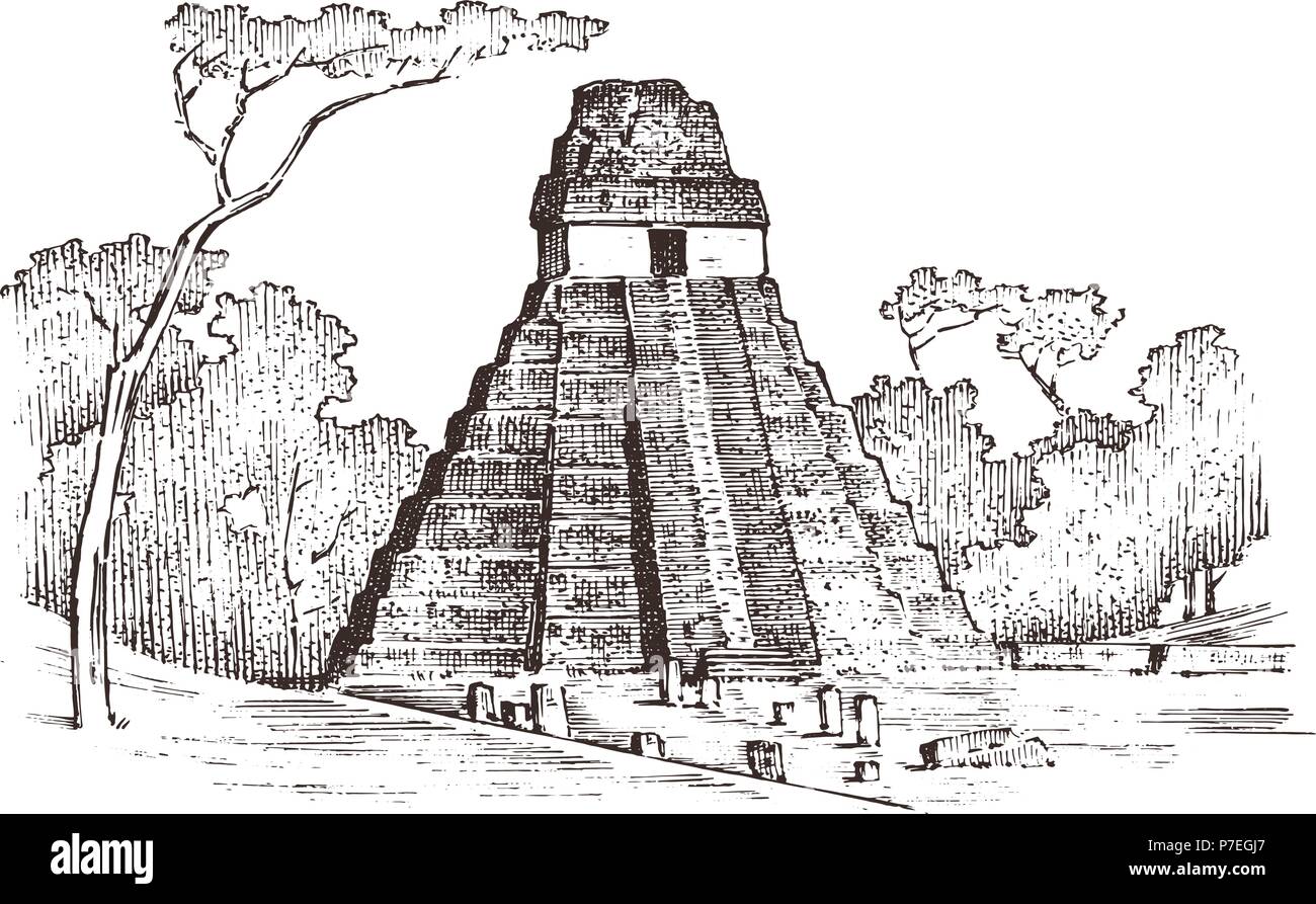 Vintage pirámide Maya. Cultura azteca. Monocromo antigua de México. Paisaje  para la etiqueta de logotipo de fondo. Grabado antiguo boceto dibujados a  mano. ilustración vectorial Imagen Vector de stock - Alamy