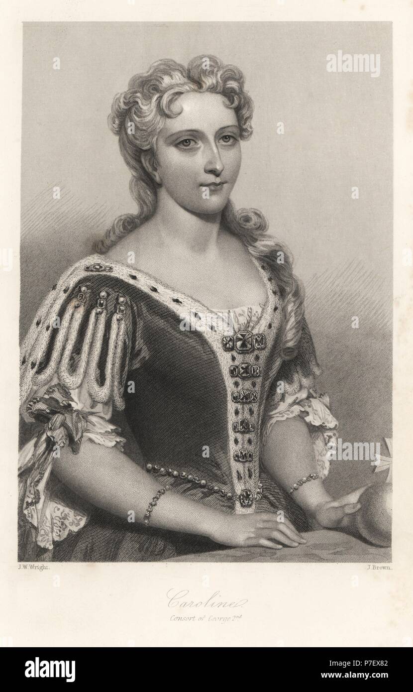 Caroline, reina consorte del Rey Jorge II de Inglaterra. Acero grabado por J. Brown después de un retrato por J.W. Wright de Mary Howitt's los Esbozos Biográficos de las Reinas de Inglaterra, la Virtud, Londres, 1868. Foto de stock