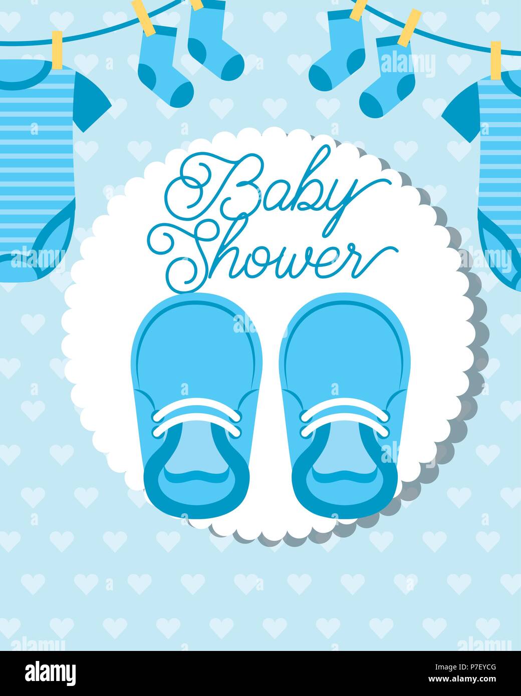 Poco azul ropa colgando y zapatos tarjeta de baby shower Imagen Vector de  stock - Alamy