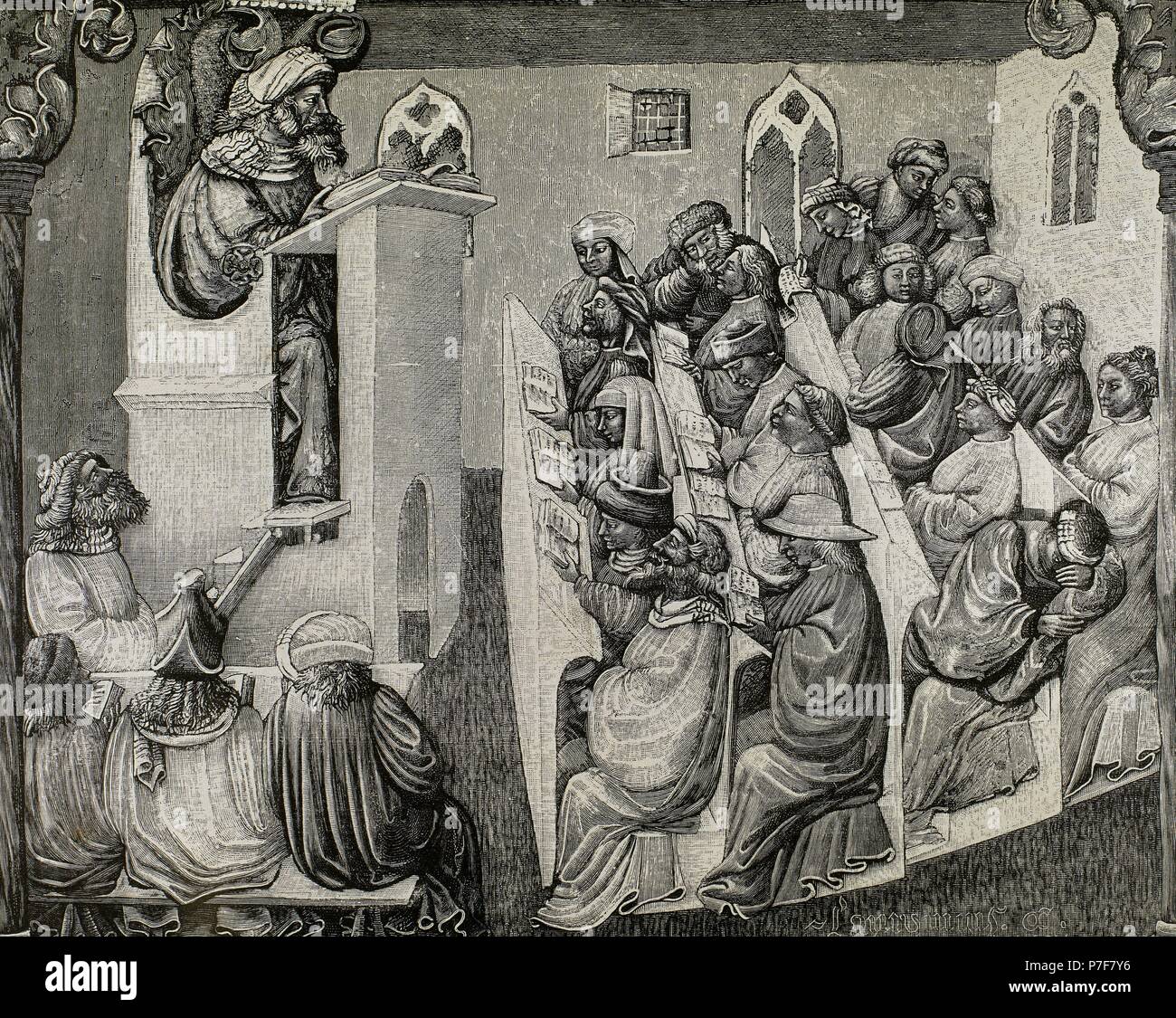 Baja Edad Media.14to siglo. Henry de Alemania una charla para estudiantes  en la Universidad de Bolonia, ca. 1360-1390. Estudiantes en la fila de  atrás hablan entre sí y uno de los está