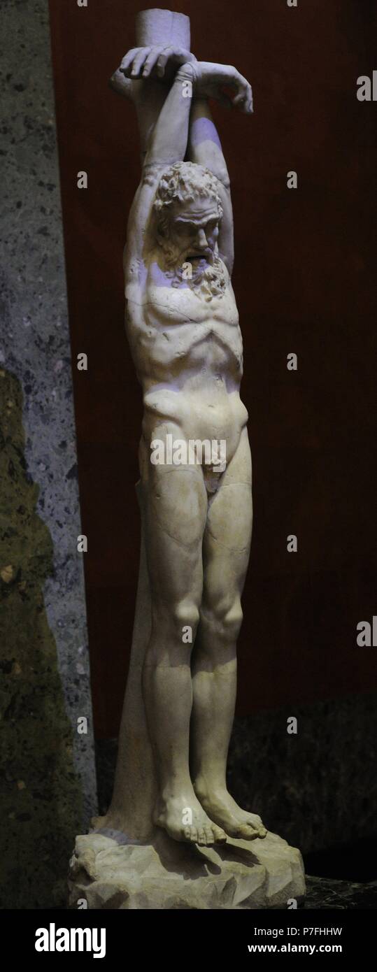 El tormento de Marsyas. Trabajo romano de la 1ª-2ª siglo DC. Mármol. Silenus Marsyas fue castigado por haberse atrevido a desafiar a Apolo para el concurso de música. Fragmento del grupo escultórico del siglo III A.C. El Museo Estatal del Hermitage. San Petersburgo. Rusia. Foto de stock