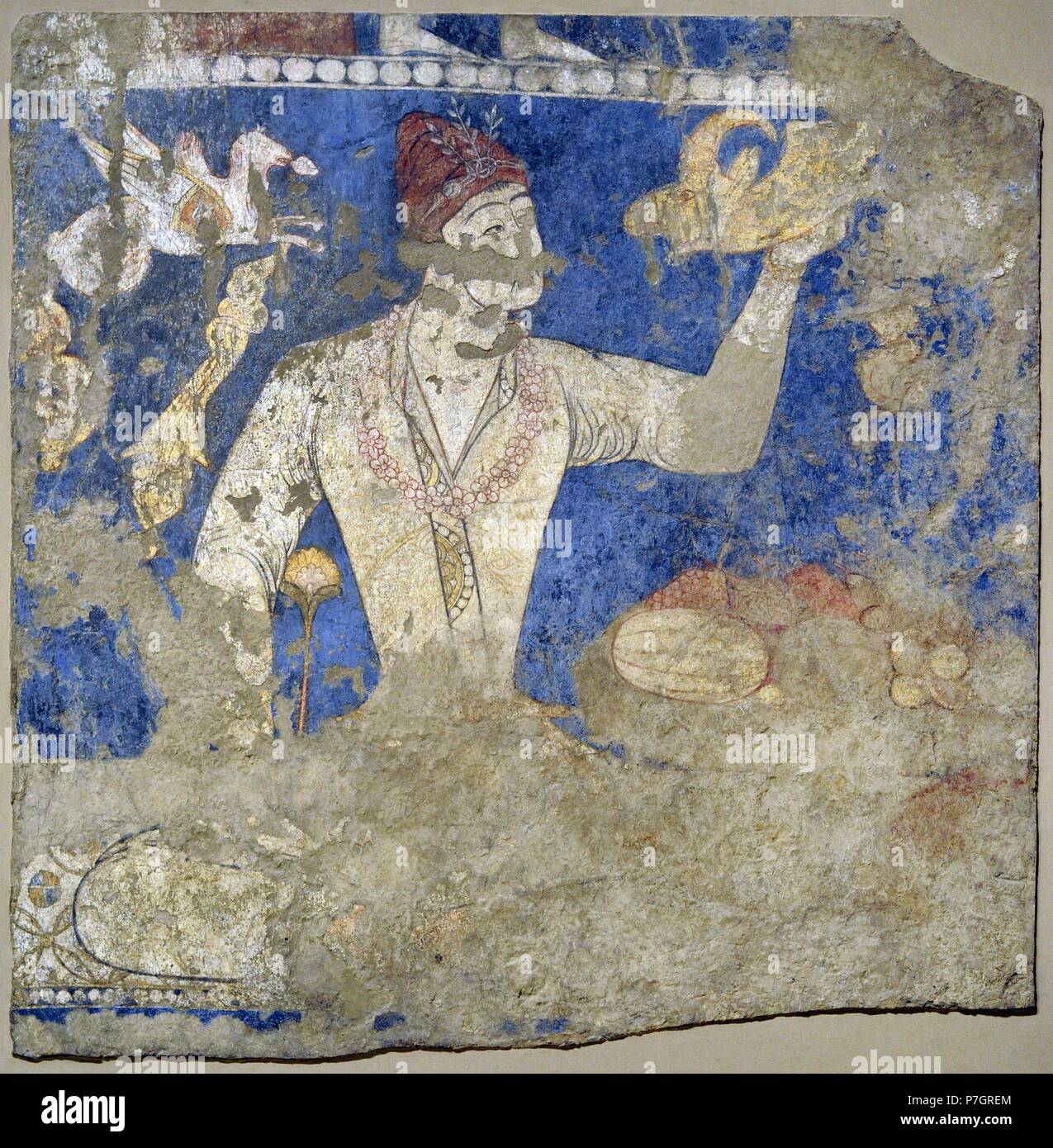 Sogdia. Pre-Islamic Asia Central. Mural. Comiendo unos "artistas". La pintura de la pared. Color de pegamento en seco el yeso de loess. Primera mitad del 8º C. Penjikent, Tayikistán. XXIV del sector. La cámara 1. El Museo Estatal del Hermitage. San Petersburgo. Rusia. Foto de stock