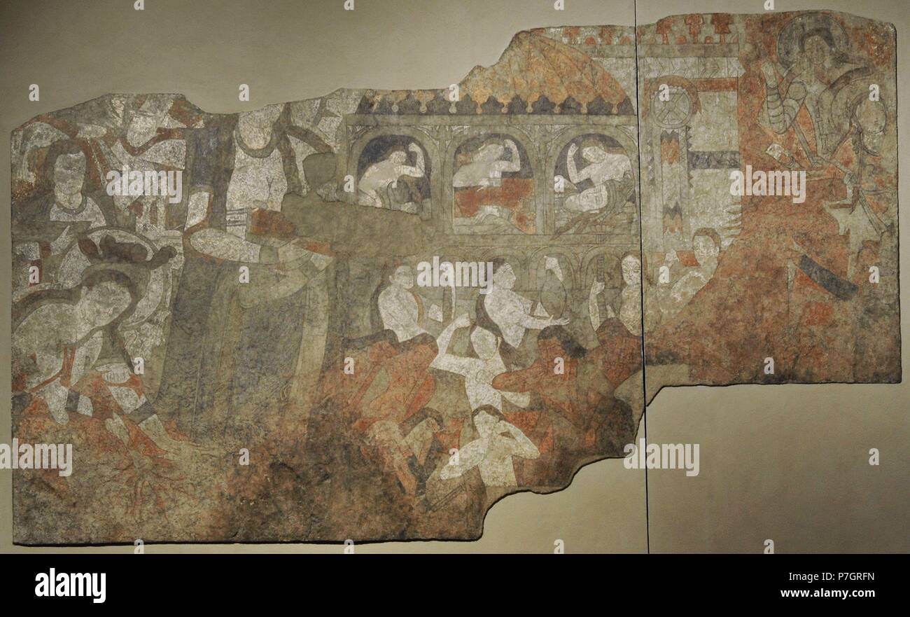 Sogdia. Pre-Islamic Asia Central. Mural. Lamentación. La pintura de la pared. Color de pegamento en seco el yeso de loess. 6º C. Penjikent, Templo II. Hall principal. La pared sur. Tayikistán. El Museo Estatal del Hermitage. San Petersburgo. Rusia. Foto de stock