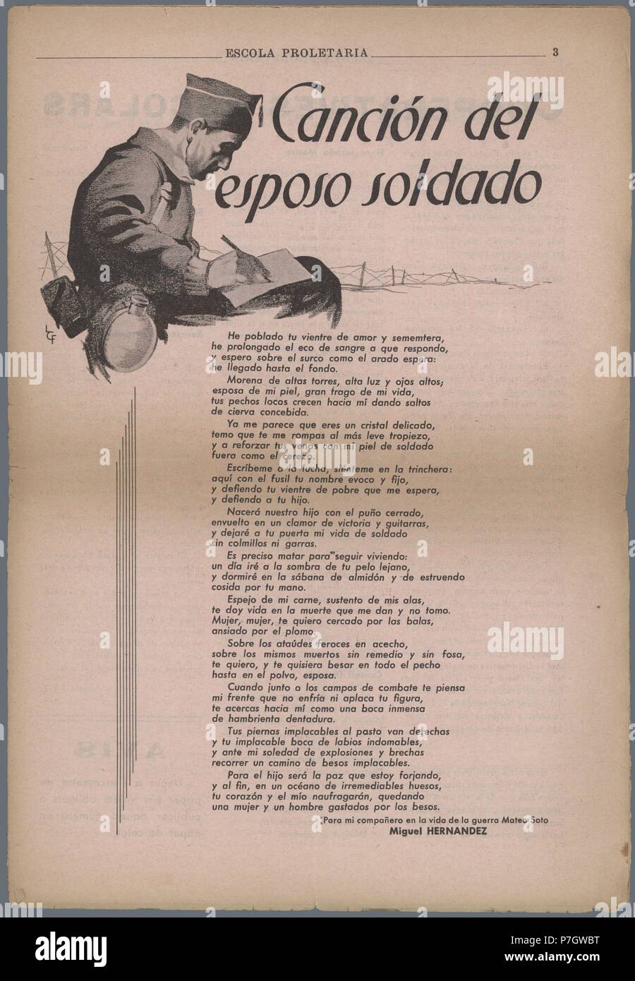 Canción del esposo soldado, poema de Miguel Hernández, publicado en la  revista Escola Proletaria, órgano de la Federación Catalana de trabajadores  de la enseñanza, del sindicato UGT. Barcelona, septiembre de 1937 Fotografía