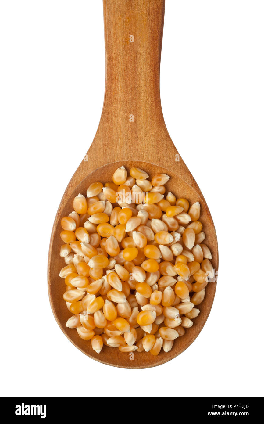 Los granos de maíz en una cuchara de madera aislado sobre fondo blanco. Foto de stock