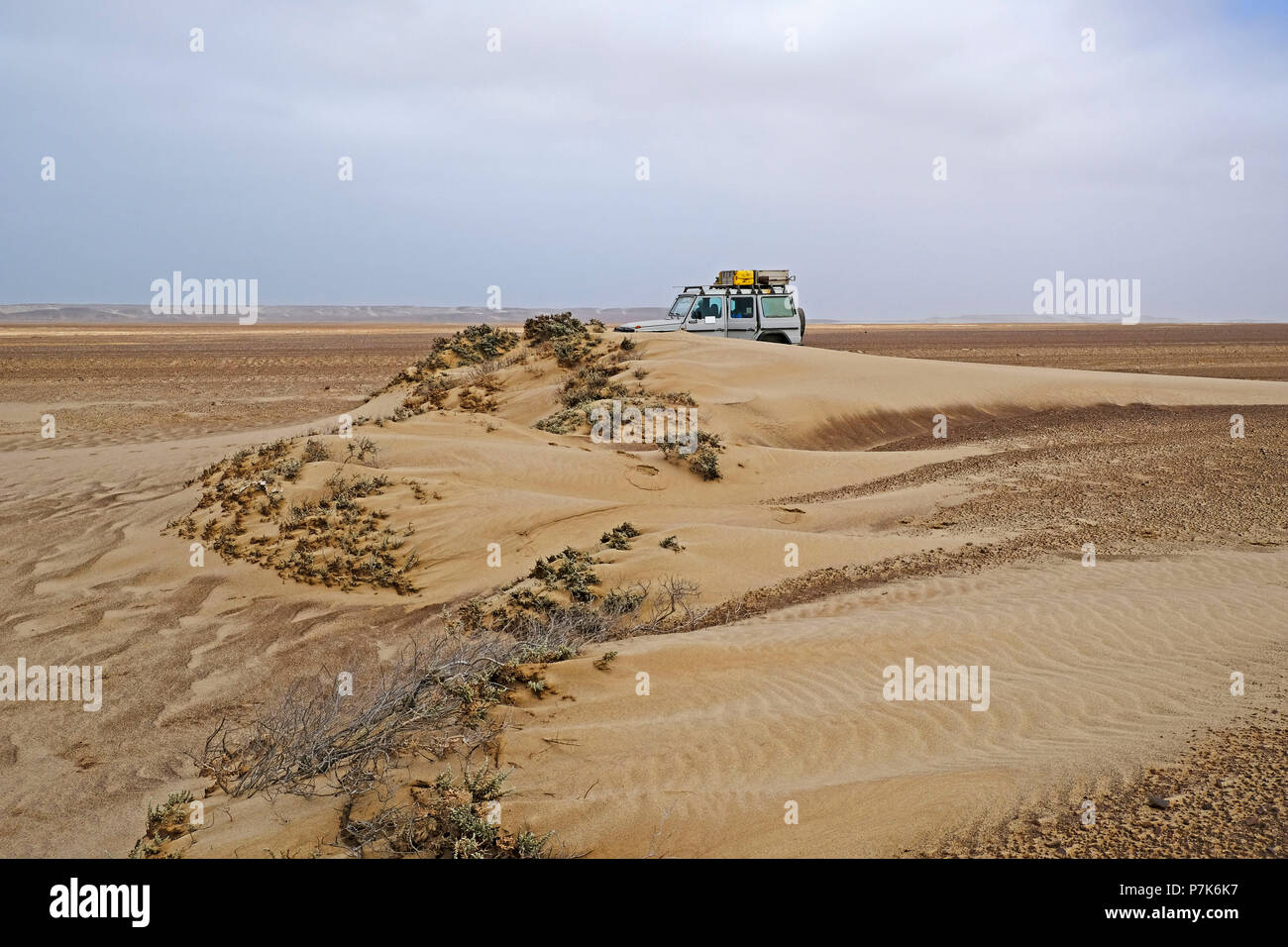 Crecimiento con arena derivas y vehículo off-road en la gravilla, en la llanura a costa de los Esqueletos, en Namibia, el Parque de la costa de los esqueletos Foto de stock
