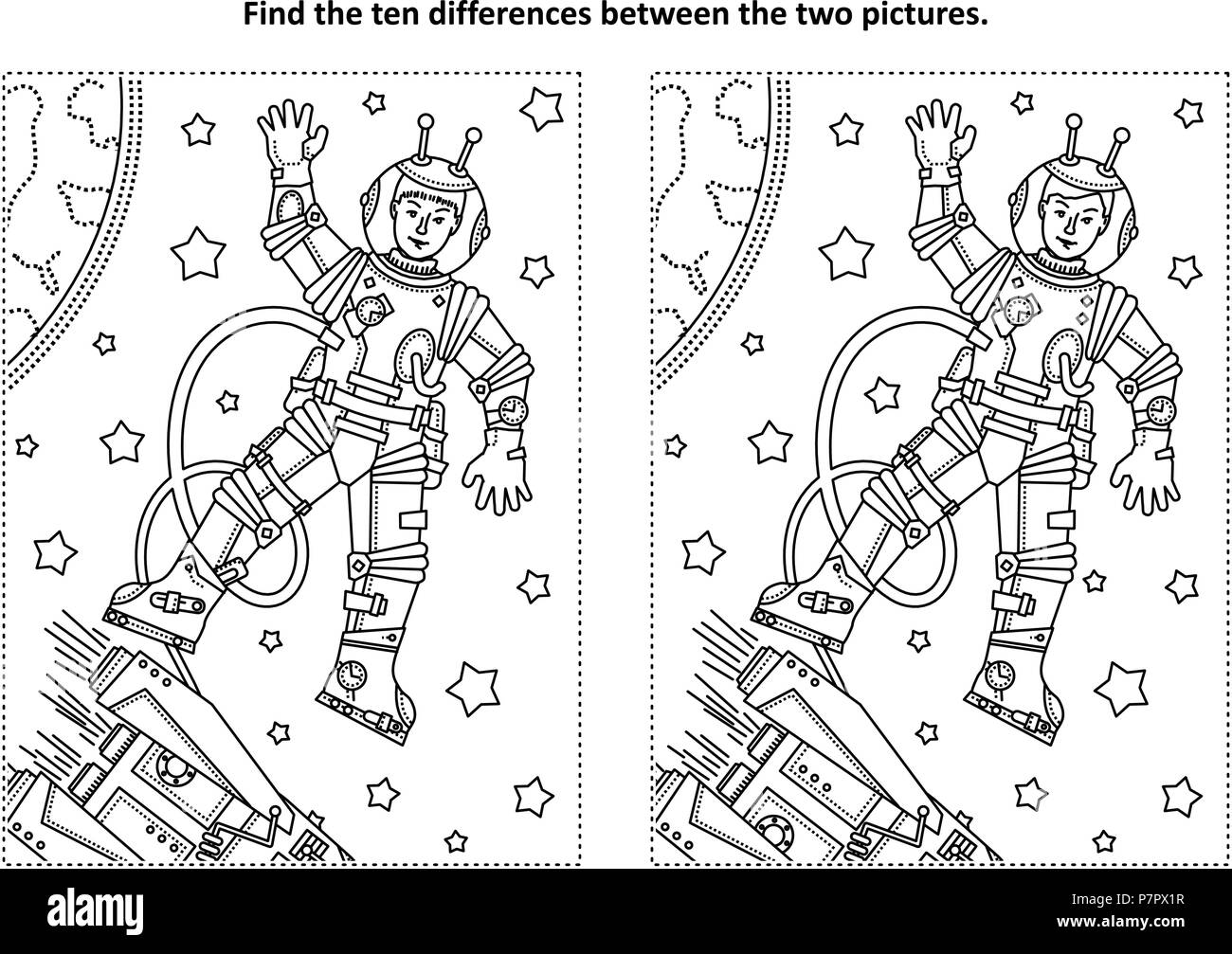 La Exploracion Espacial Themed Encontrar Las Diez Diferencias Rompecabezas De Imagenes Y Paginas Para Colorear Con El Astronauta O Cosmonauta En El Espacio Ultraterrestre Cohete Las Estrellas La Tierra Imagen Vector De