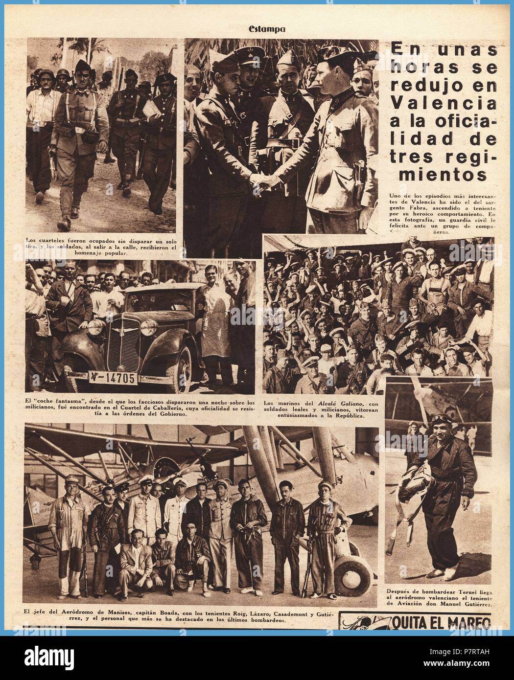 España. Guerra civil (1936-1939). La revista gráfica Estampa, editada en  Madrid, agosto de 1936. La crónica de los acontecimientos acaecidos en la  zona de Levante en los primeros días de la guerra