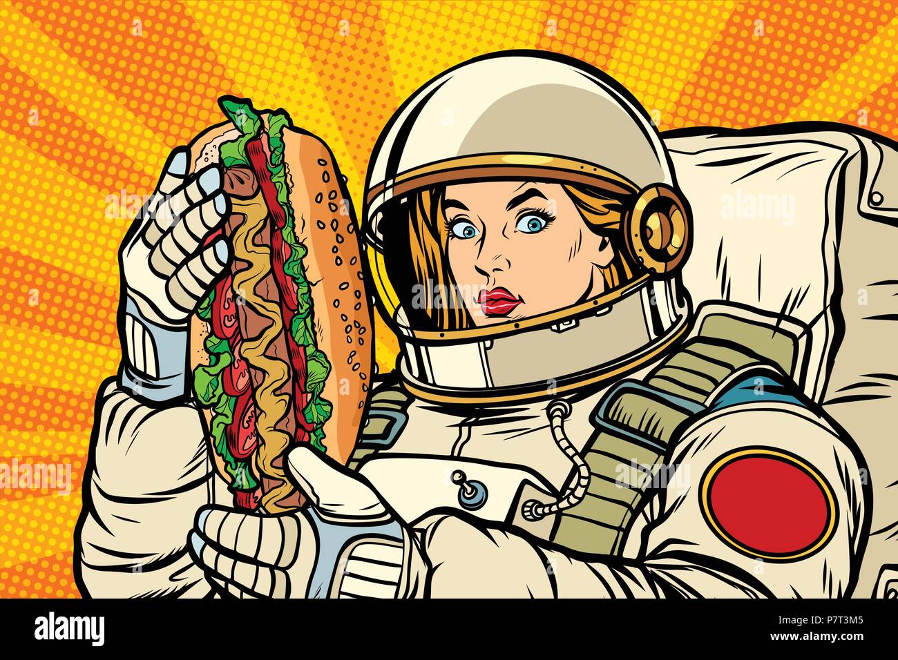 Hambre mujer astronauta con hot dog. Pop art ilustración vector vintage retro kitsch dibujo Ilustración del Vector