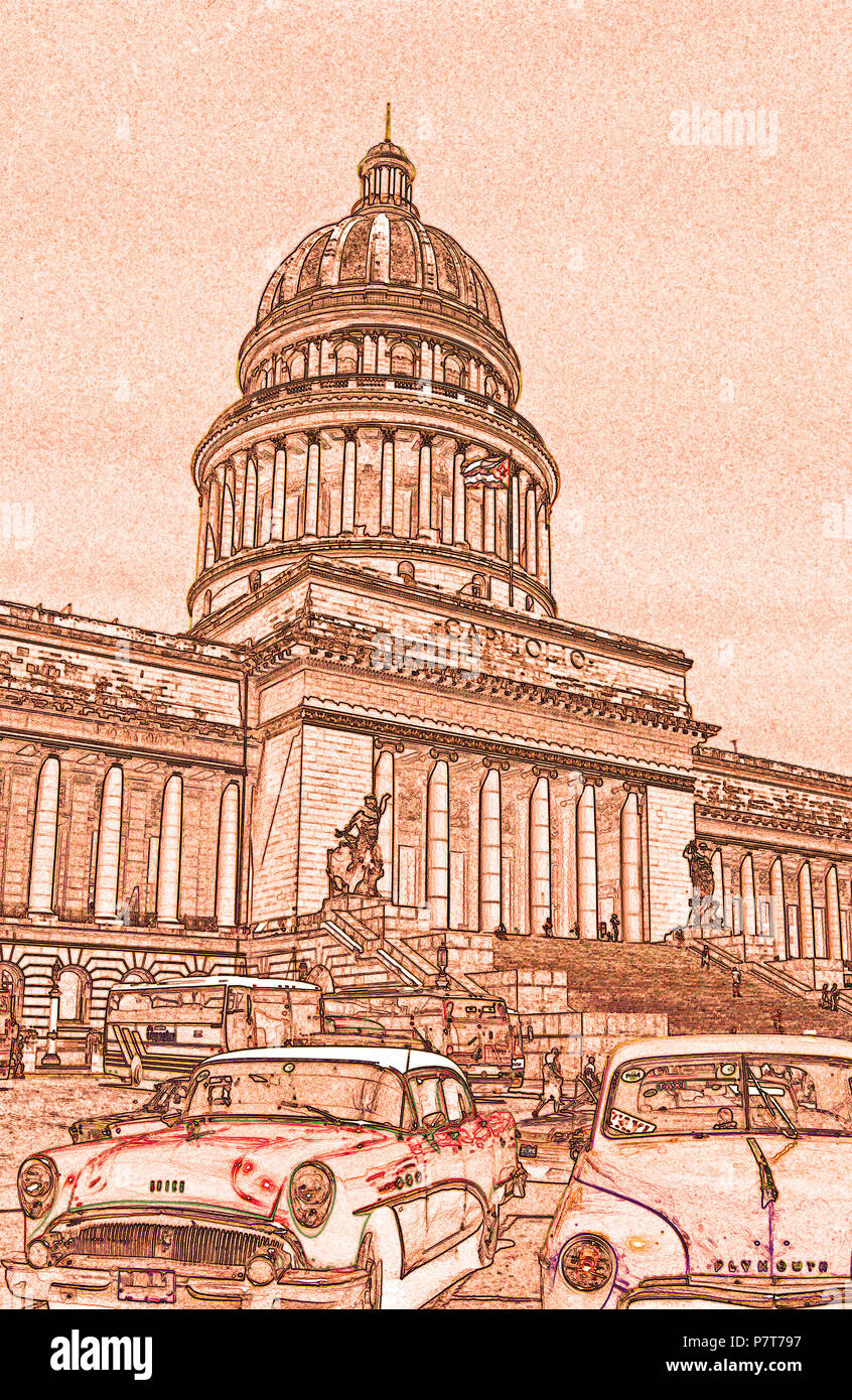 Ilustración del Capitole, El Capitolio, La Habana, Cuba ( efecto especial ) Foto de stock