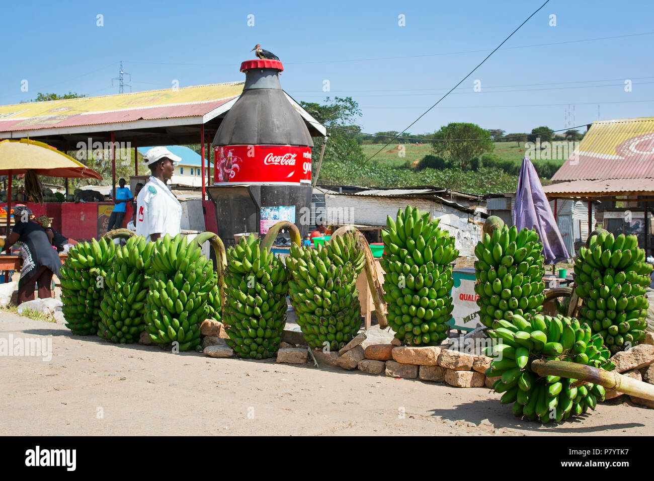 Matooke, bananos, plátanos verdes comida nacional de Uganda, el Mercado de carretera Foto de stock
