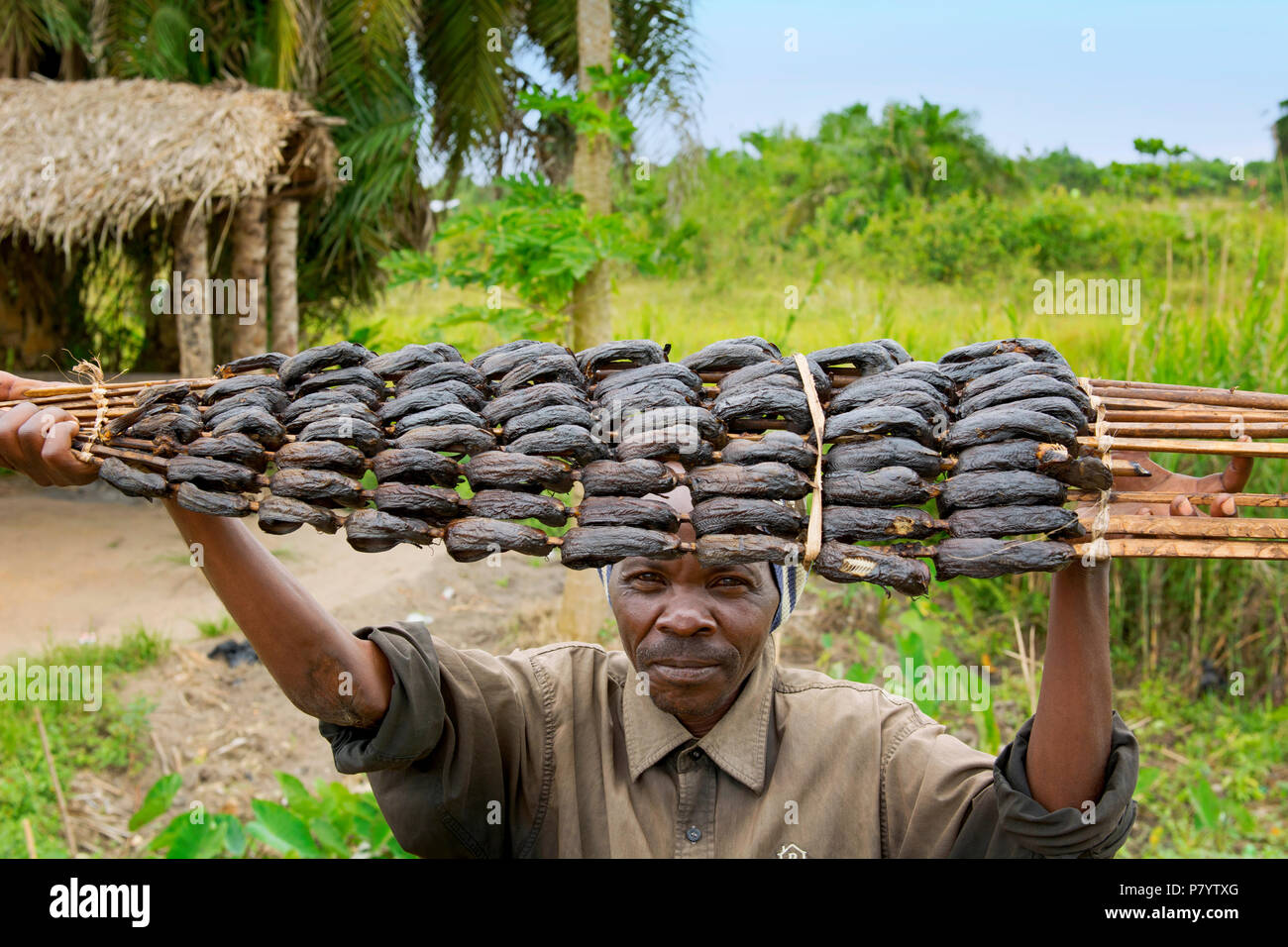 Pescados ahumados, hombre de Uganda la venta de pescado en la carretera, vendedor ambulante, Uganda, África Oriental Foto de stock
