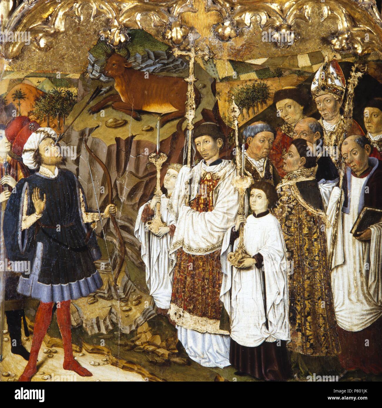 Retablo de San Miguel de Castelló d'Empúries, 1448). Sucesos en el Monte Gargano. El caballero Argán es herido por la misma flecha que acaba de disparar a la bestia endemoniada (buey). Procesión con cruz alzada que presidirá el obispo con un séquito de clérigos a la dirección de la cueva donde ha sucedido el echo insólito del caballero Argan para construir una iglesia, idea inspirada por San Miguel Arcángel. El Museu d'Art de Girona. Girona. Foto de stock