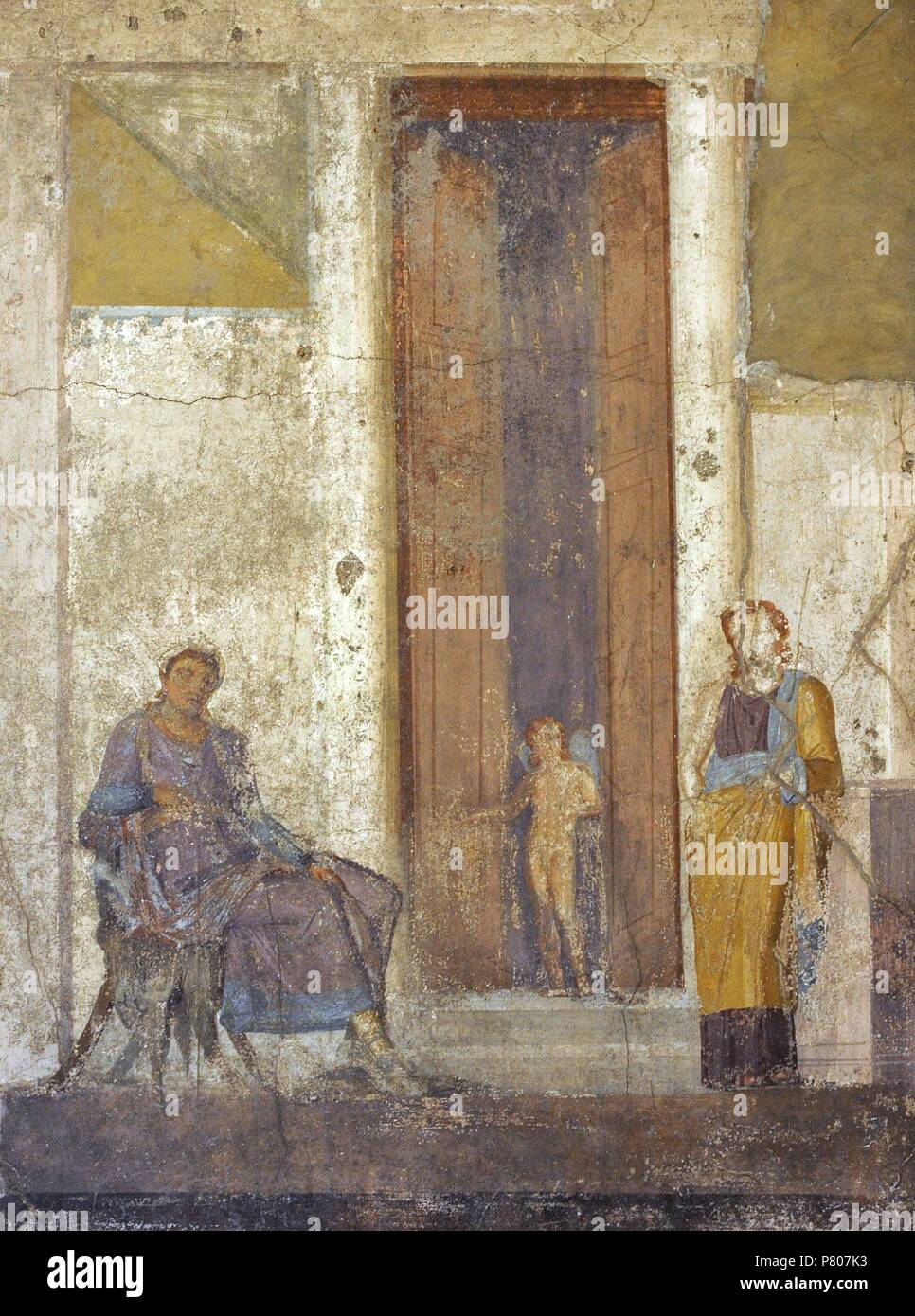 Roman fresco representando Paris, sentado, espera el premio prometido a él por Afrodita. Eros, en la puerta, apunta a Helen, instándole a tomar la decisión que llevará a la guerra de Troya. Casa de Jason (20-25). Pompeya. Museo Arqueológico Nacional. Nápoles. Italia. Foto de stock