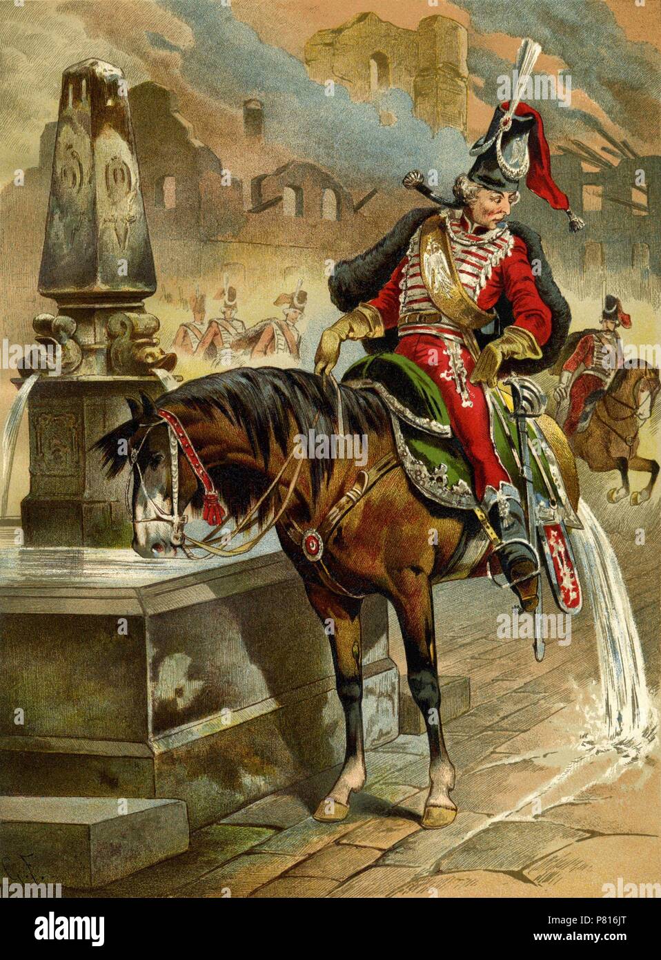 Ilustración para el libro "Las sorprendentes aventuras del barón Münchhausen" por Rudolph Erich Raspe. Museo: Colección privada. Foto de stock