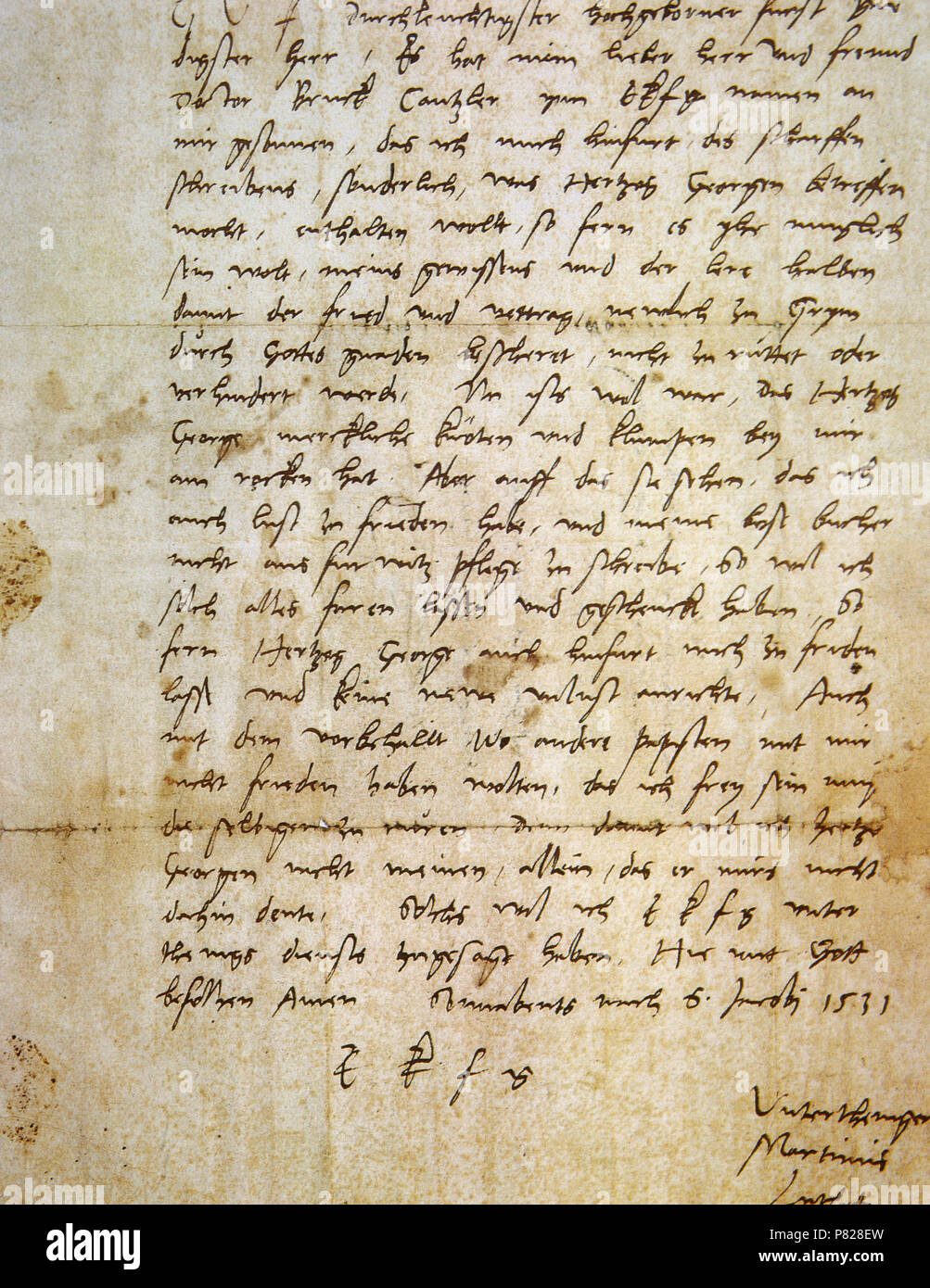 Martín Lutero (1483-1546). Teólogo alemán, figura de la Reforma Protestante. Carta manuscrita de Lutero (1531). La Biblioteca Apostólica Vaticana. Ciudad del Vaticano. Foto de stock