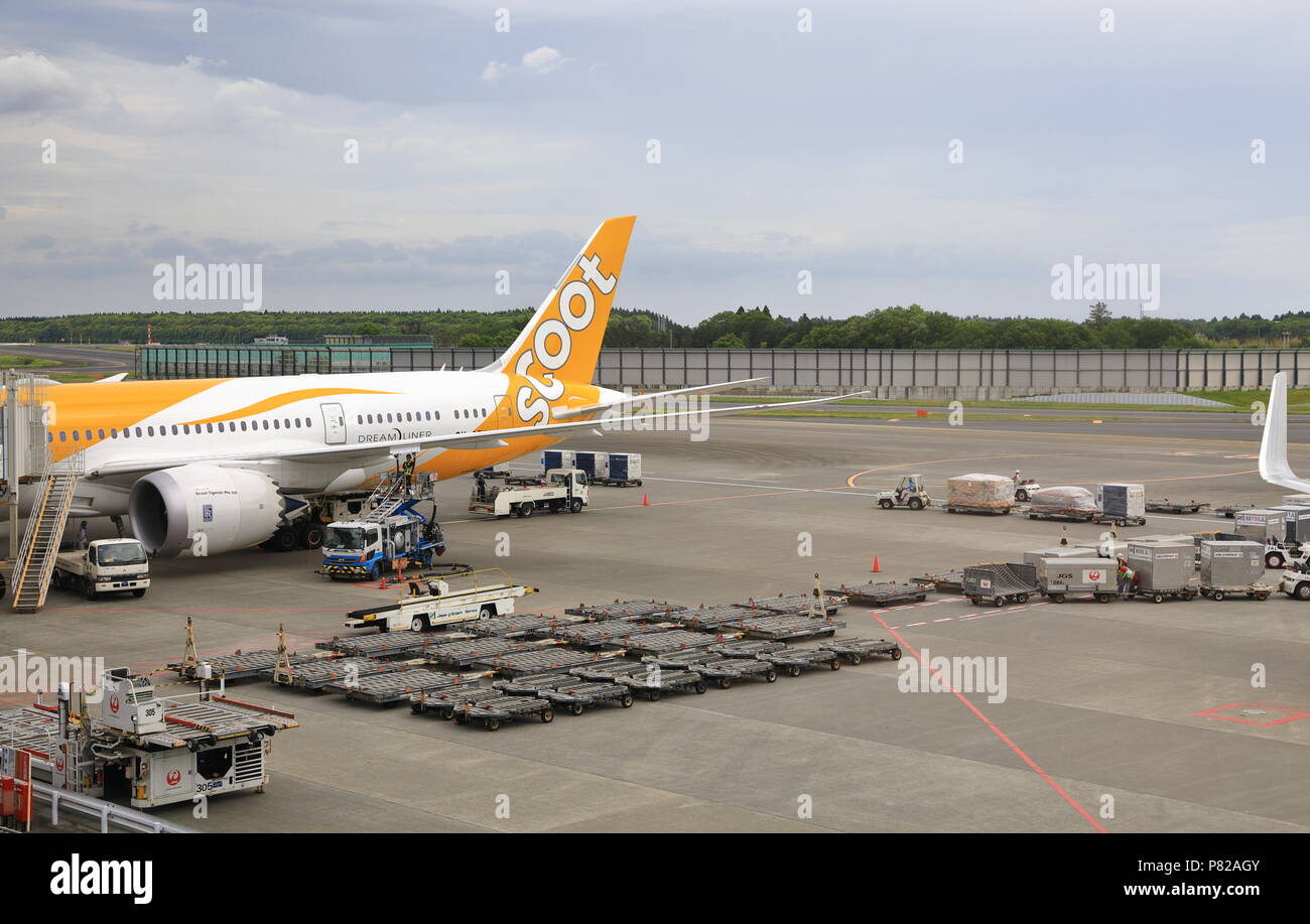 NARITA JAPÓN, Mayo 2018 : Los servicios de asistencia en tierra, el contenedor contenedor y cargador/Palet Dolly esperar para el servicio en el Aeropuerto de Narita. Foto de stock