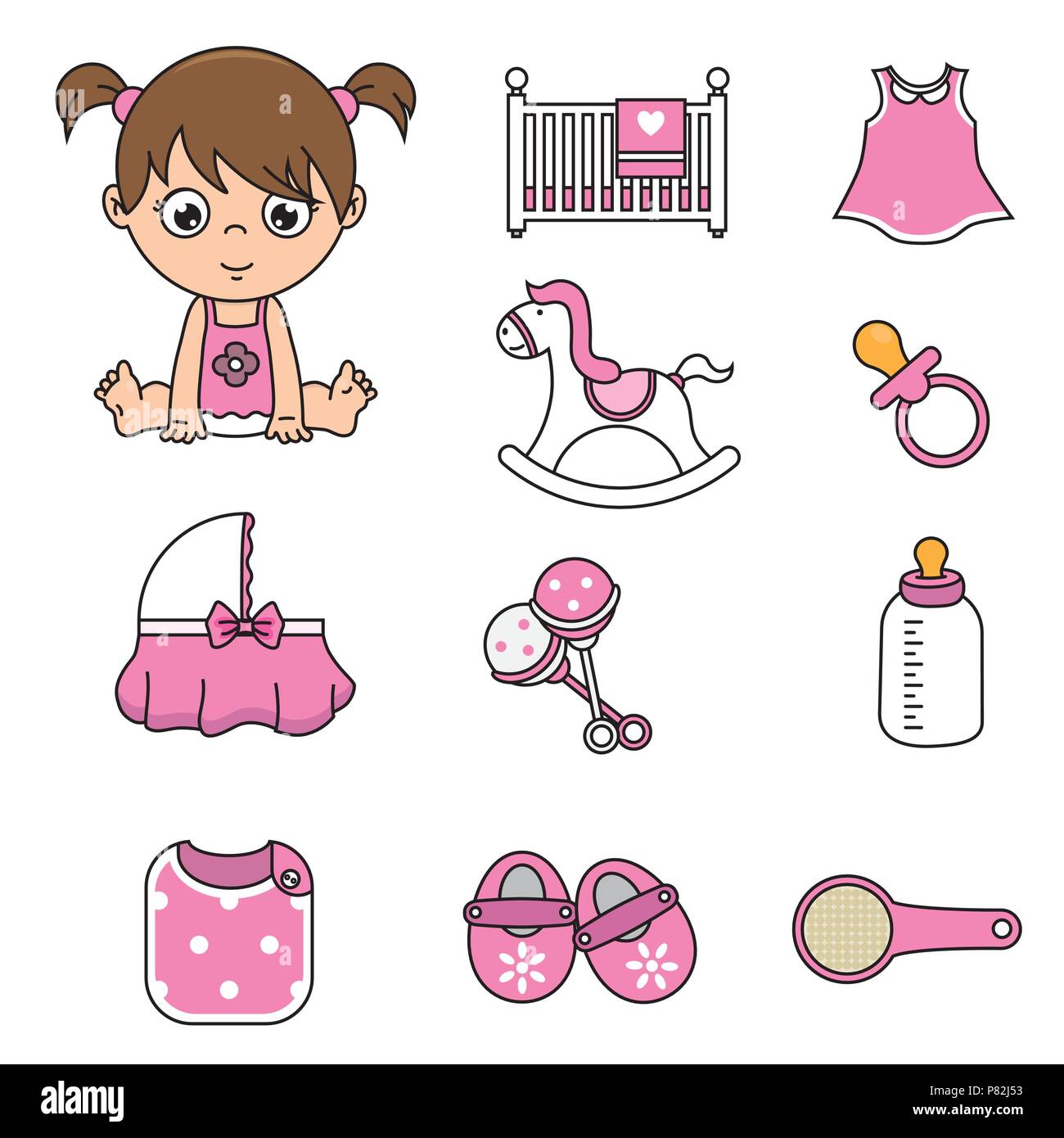 Bebé niña y bebé iconos. Accesorios, ropa y juguetes de stock - Alamy