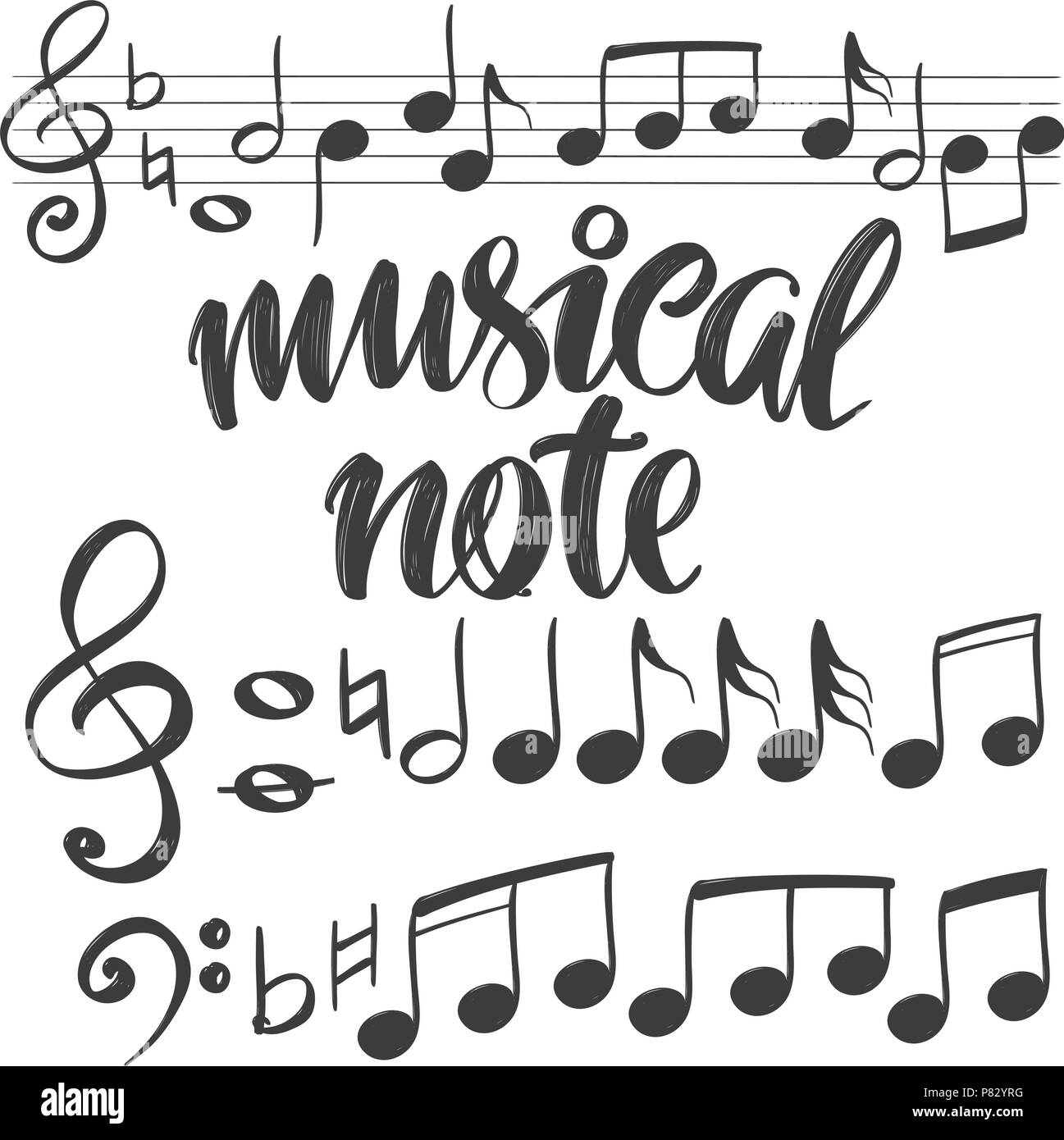 Icono de nota musical , texto de caligrafía dibujada a mano ilustración