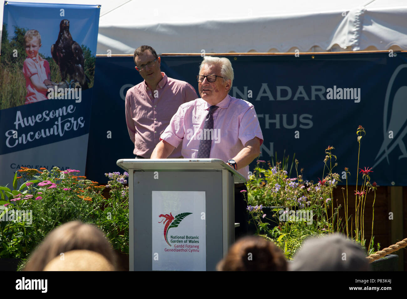 Señor Dafydd Elis-Thomas soy galés, Ministro de Gobierno de Cultura, Turismo y Deporte, habla en la inauguración oficial del Centro de Aves de Rapiña británica como Director del Jardín Botánico Nacional de Gales, Huw Francisco mira Foto de stock