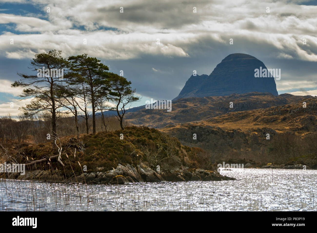 Desde Loch Druim Suardalain Suilven, Glen Canisp Bosque, cerca de Lochinver, Coigach, Sutherland, región de tierras altas, Escocia, Reino Unido Foto de stock