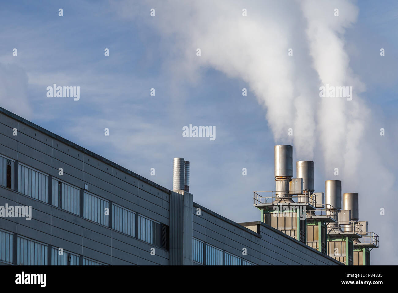 Fachada de un edificio industrial con fumar chimeneas Foto de stock