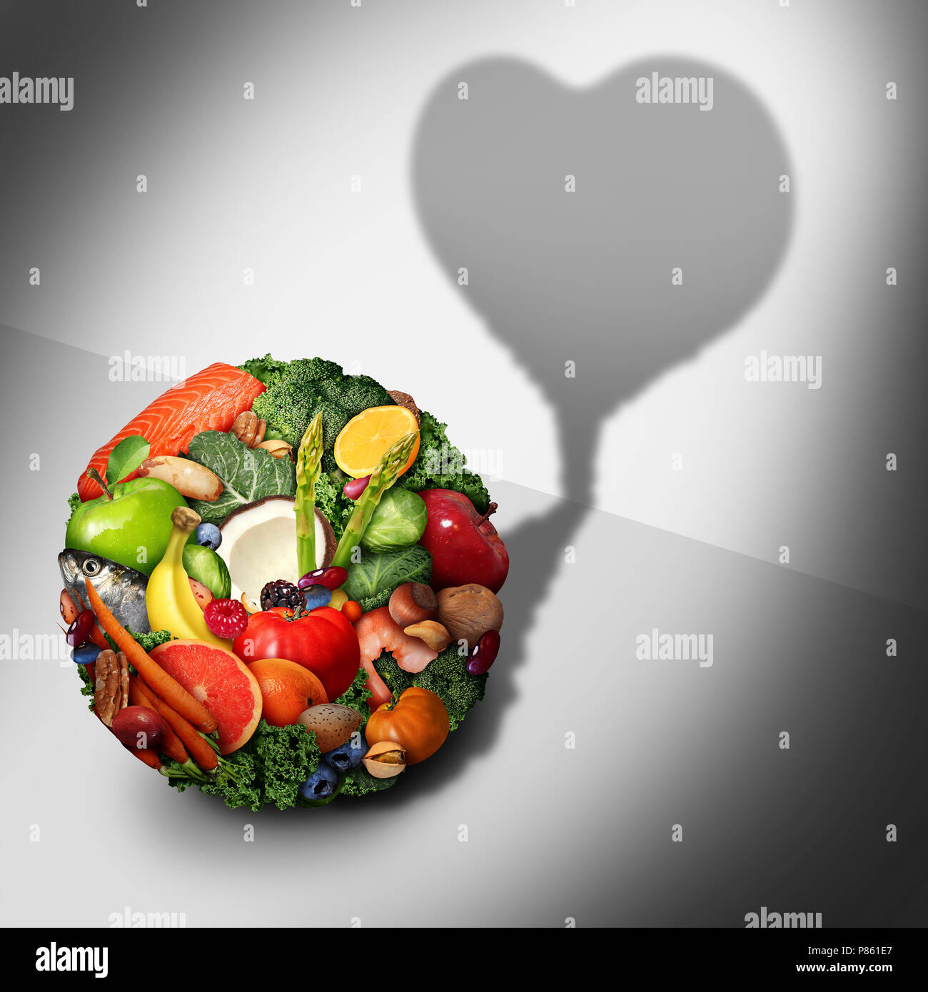 Salud del corazón los ingredientes de los alimentos como una dieta, nutrición cardiovascular concepto en 3D de una ilustración de estilo. Foto de stock