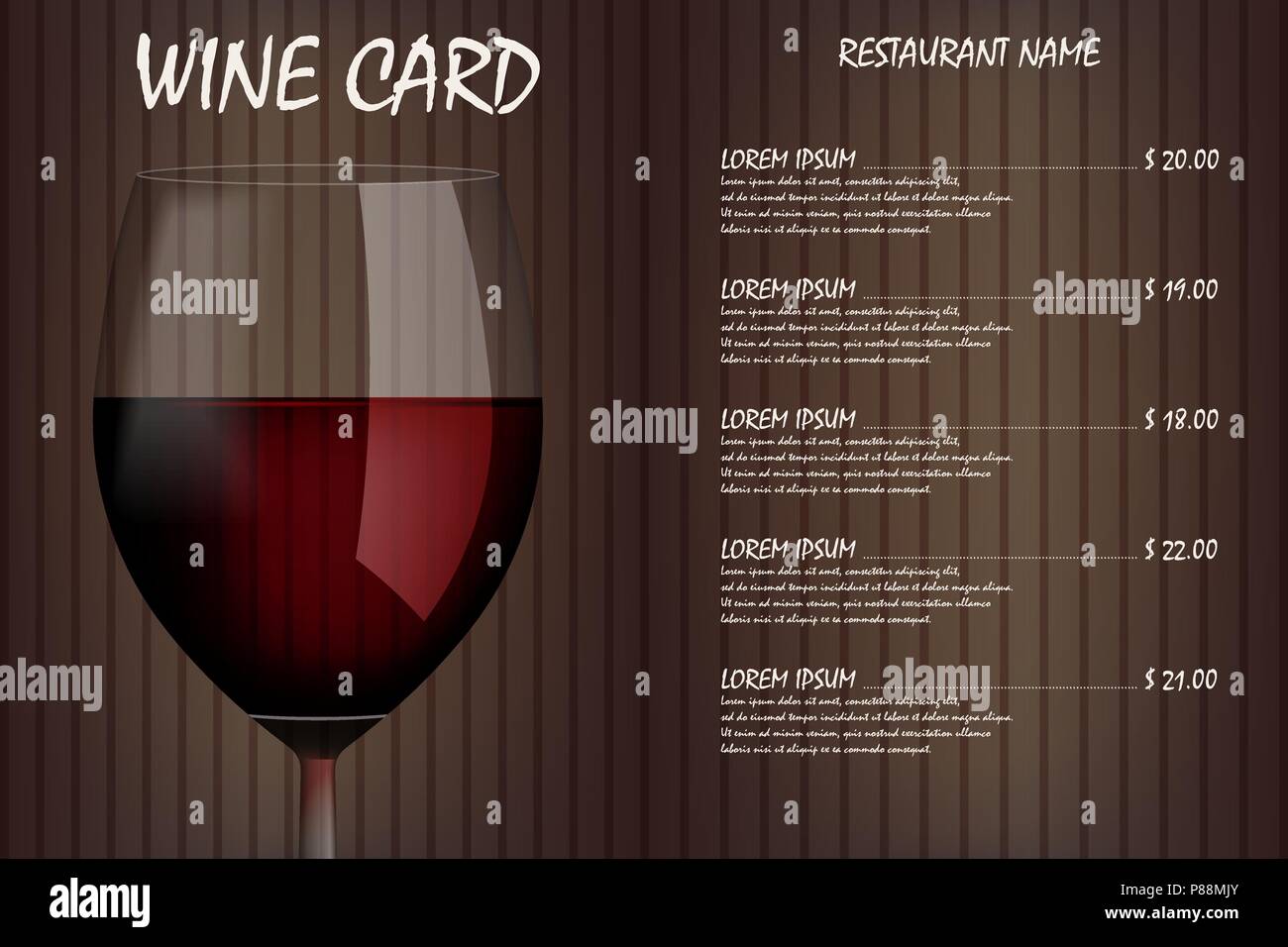 La carta de vinos Menú diseño con vidrio realistas. Restaurante carta de vinos menú de bebidas, rojo wineglass plantilla. Ilustración vectorial Ilustración del Vector