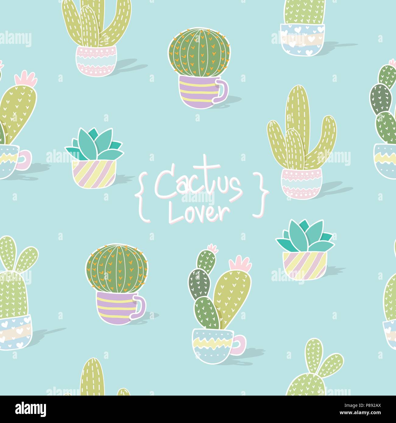 Ilustración vectorial cactus perfecta. Trama de fondo coloridos tonos pastel patrón sin fisuras de diferentes caricatura cactus de fondo Ilustración del Vector