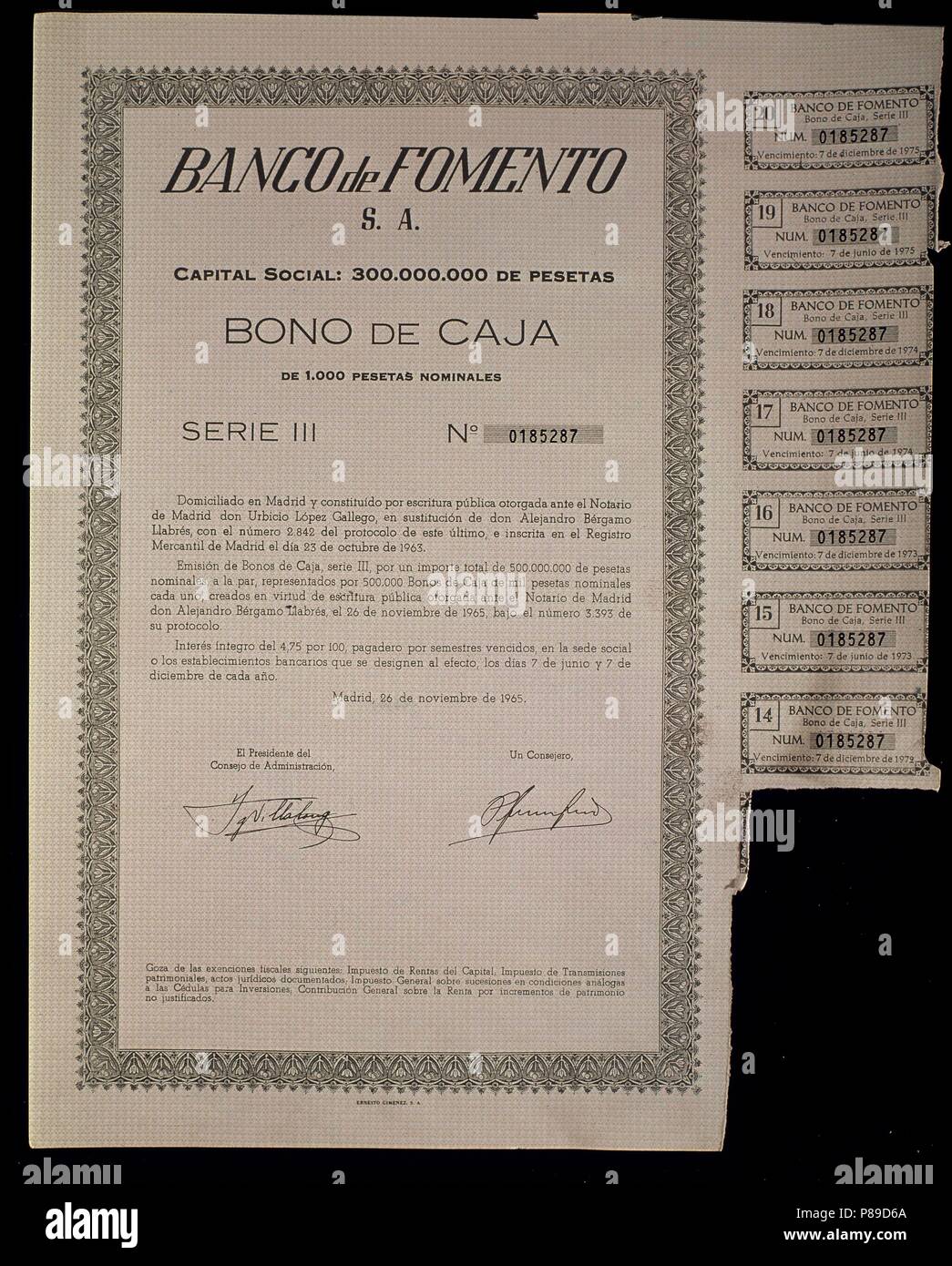 BONO DE CAJA DEL BANCO DE FOMENTO MADRID 26/NOV/1965. Ubicación:  CONFEDERACIÓN DE CAJAS AHORROS, Madrid, España Fotografía de stock - Alamy