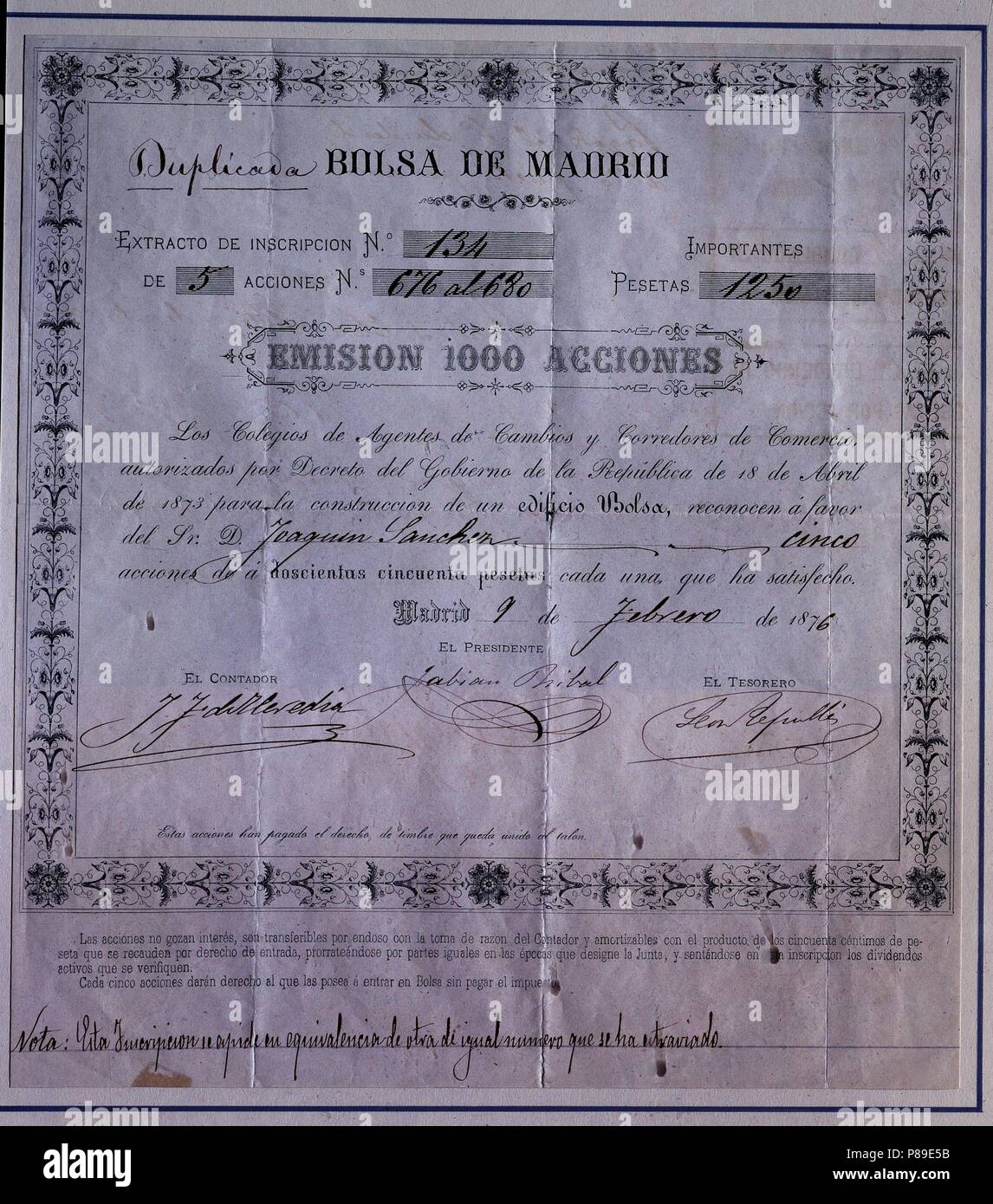 EMISION DE 1.000 ACCIONES DE LA BOLSA DE MADRID 9/2/1876. Ubicación: BOLSA  DE COMERCIO-COLECCION, Madrid, España Fotografía de stock - Alamy