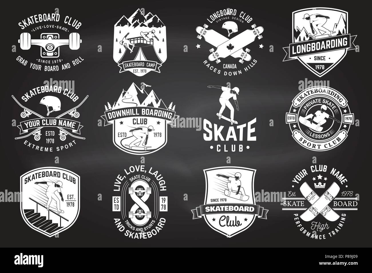 Juego de Skate y longboard club signos en la pizarra. Vector. Para skate  club emblemas, parche, t-shirt design. Diseño de tipografía Vintage con  patinetas, patines y casco de camiones. Deporte extremo Imagen