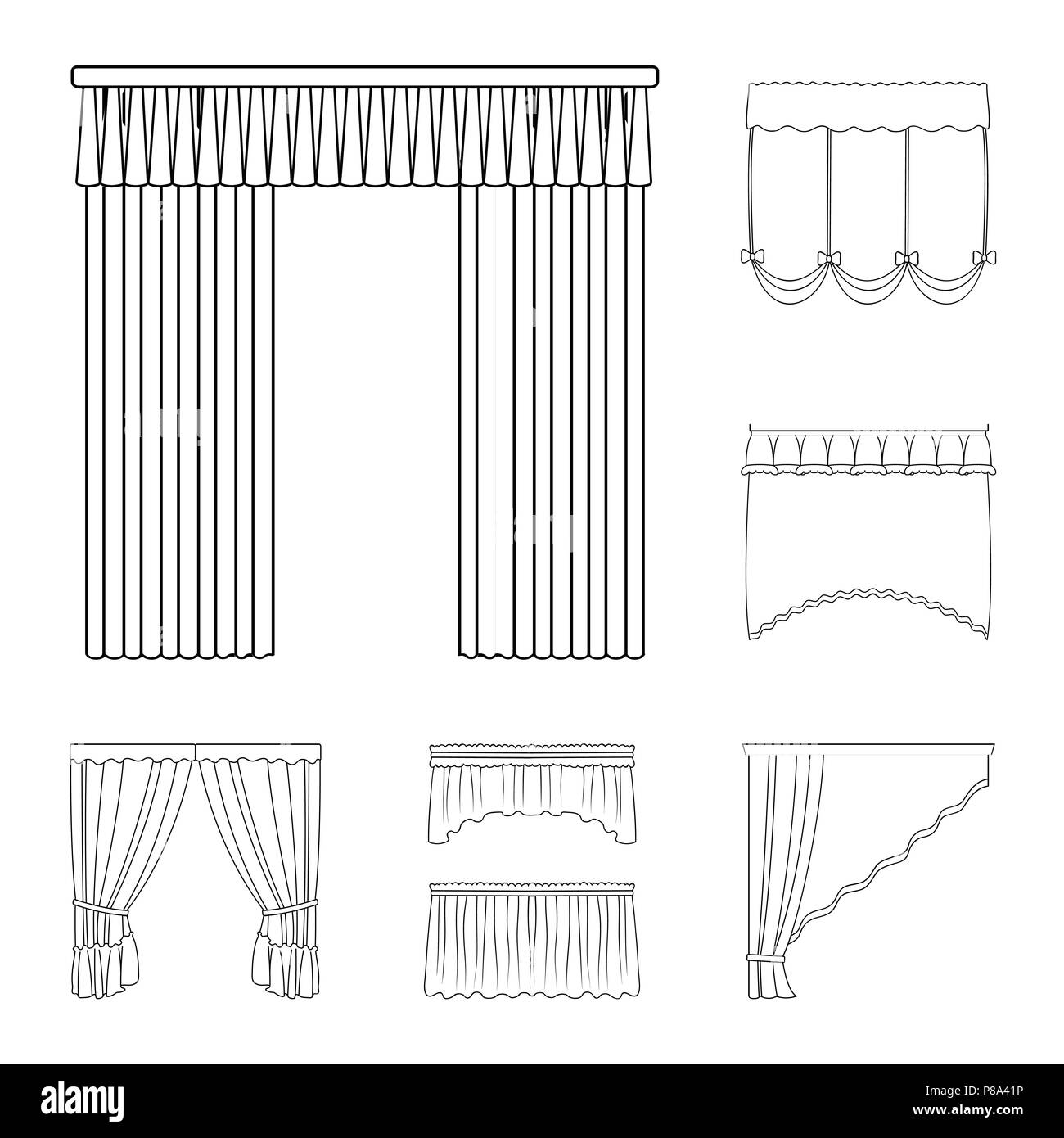 Diferentes tipos de cortinas outline iconos en conjunto para el diseño.  Cortinas y lambrequins símbolo vector stock ilustración Imagen Vector de  stock - Alamy