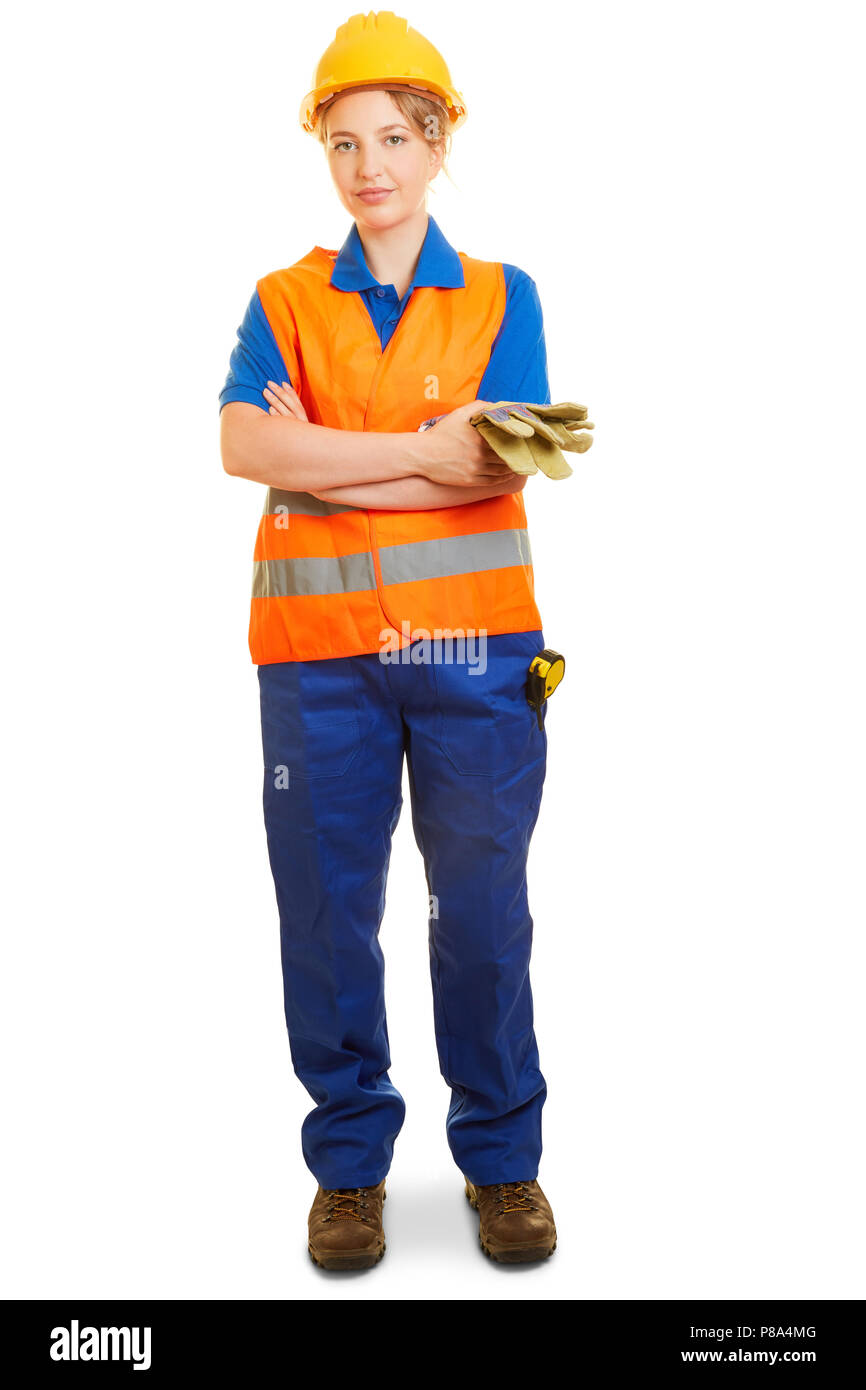Mujer joven como trabajador de la construcción en ropa con casco y chaleco  de seguridad Fotografía de stock - Alamy