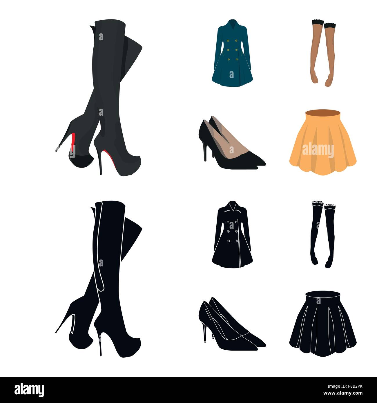 Las mujeres botas altas, abrigos en botones, medias con una banda de caucho  con un patrón, los zapatos de tacón alto. La mujer ropa de colección de  iconos en cartoon,bla Imagen Vector