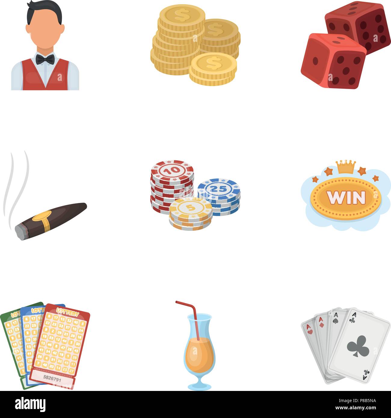 El conjunto de símbolos de juegos de casino. Juegos de azar por dinero.  Chips, dominó, casino. Casino y Gambling icono en conjunto en el estilo de  dibujos animados símbolo vectorial Imagen Vector