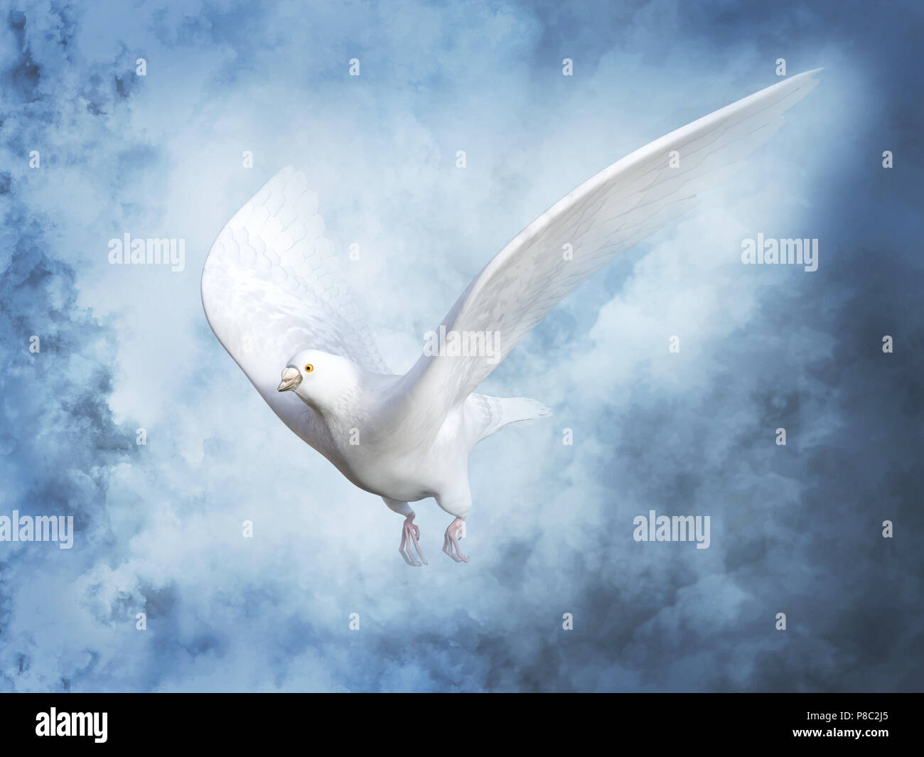 Representación 3D de una blanca paloma de la paz o la paloma volando en el cielo con nubes alrededor. Foto de stock