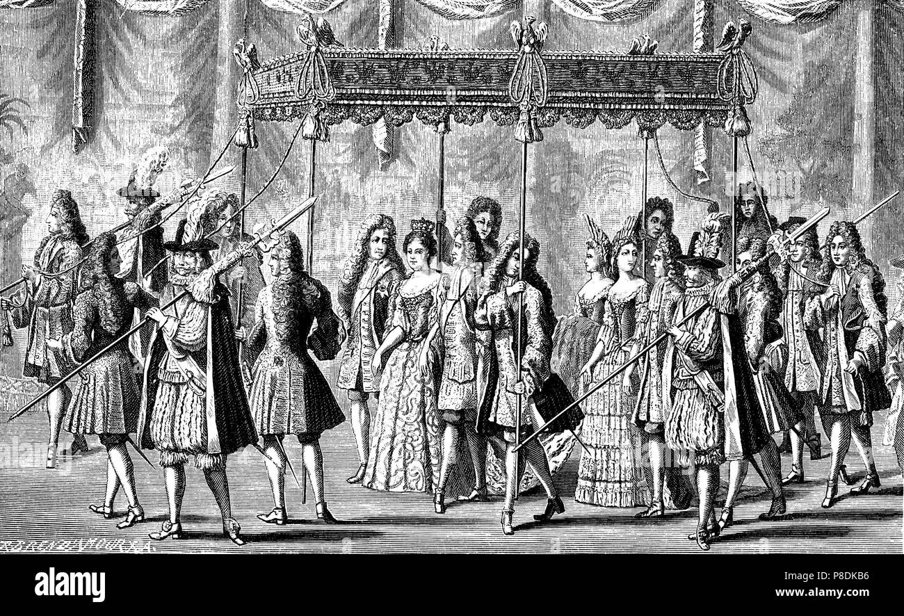 Reina consorte Sophia Charlotte en la ceremonia de coronación en Enero 18, 1701 (desde la coronación de Prusia Historia 1712). Museo: Colección privada. Foto de stock