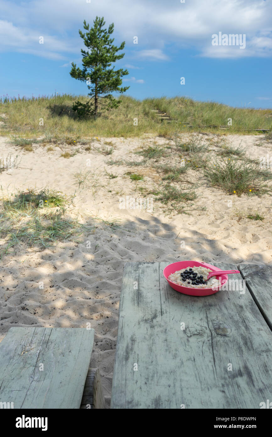 Plato de avena con arándanos en el camping tabla. Un desayuno sencillo para excursionistas y viajeros Foto de stock