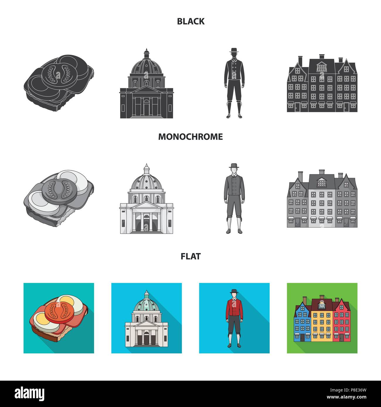 Dinamarca, historia, restaurante y otro icono en color negro, plana, estilo monocromo.Sandwich, alimentos pan iconos en conjunto Ilustración del Vector