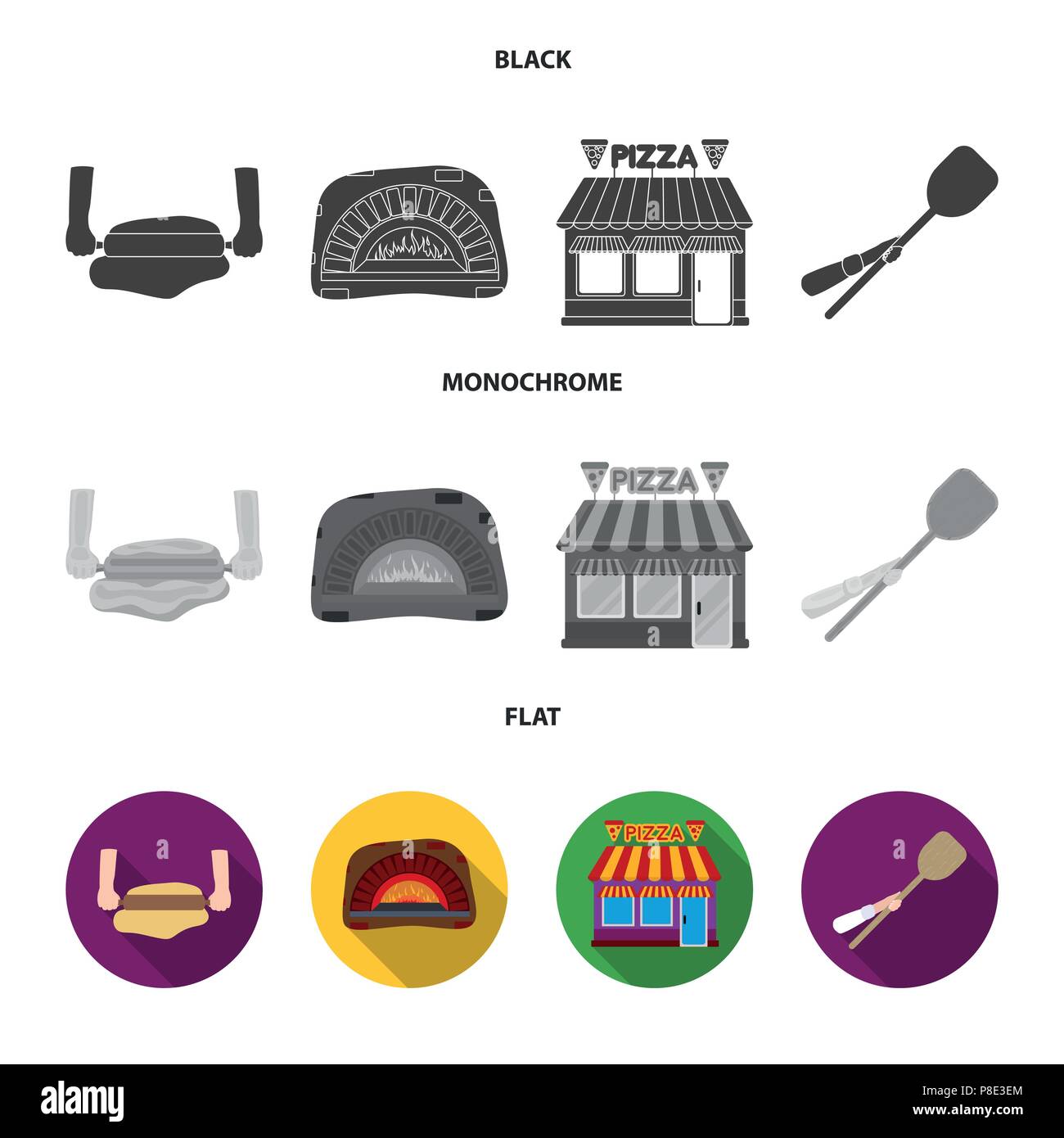 Masa para pizza pizzería con horno, edificio, espátula para palanquillas. Pizza  Pizzería y conjunto de iconos en blanco y negro, plano, símbolo de vectores  estilo monocromo stoc Imagen Vector de stock -