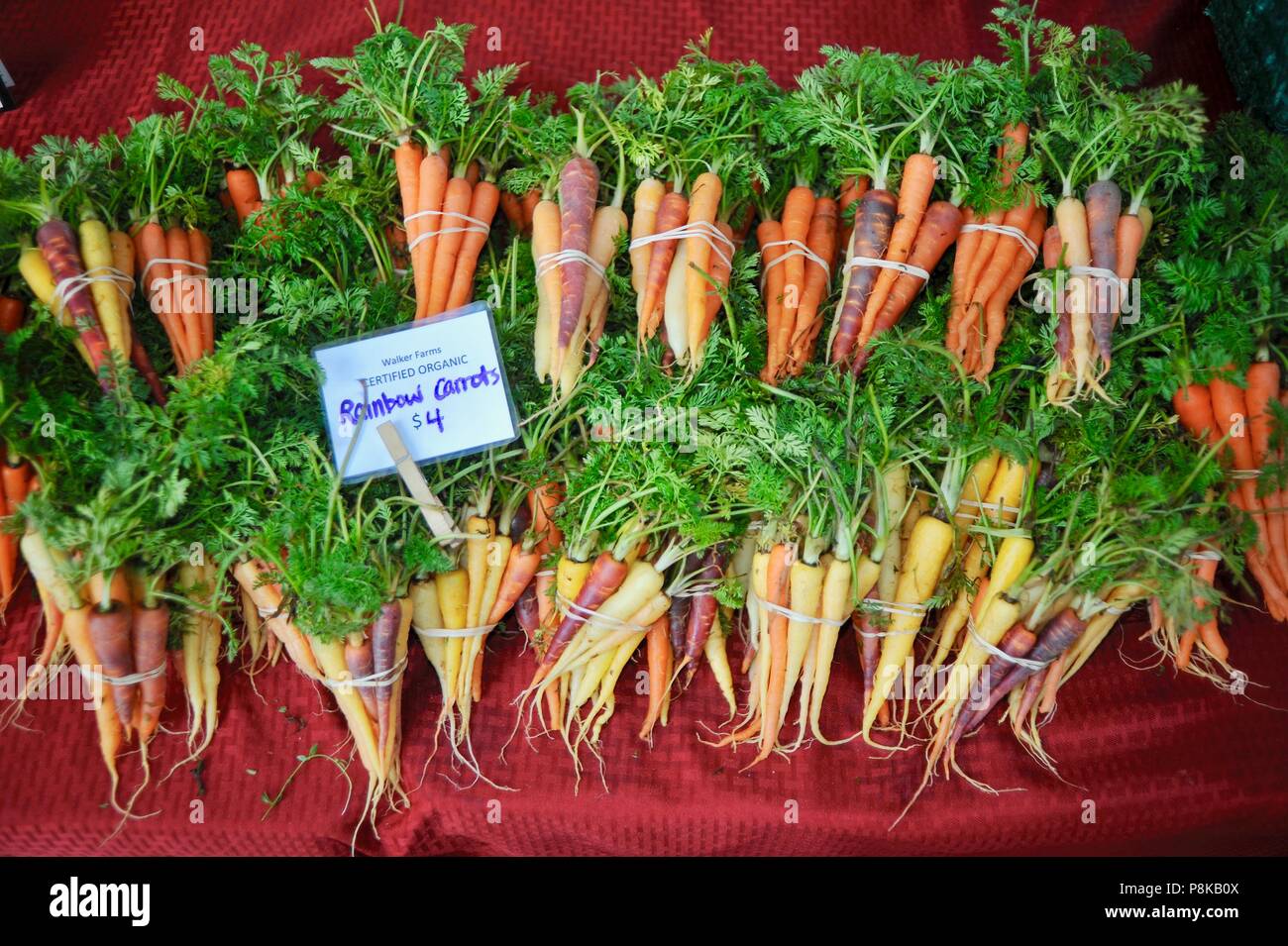 Tidy paquetes de zanahorias (arco iris) en el multicolor Walker farmstand granjas para la venta en el mercado de los granjeros en Savannah, Georgia, EE.UU. Foto de stock