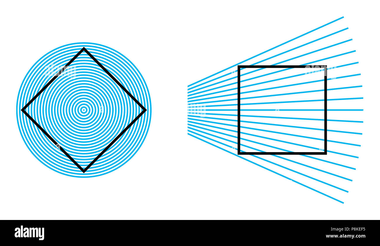 Ehrenstein ilusión óptica. Los lados de un cuadrado colocado dentro de un patrón de círculos concéntricos tomar una aparente forma curvada. Foto de stock