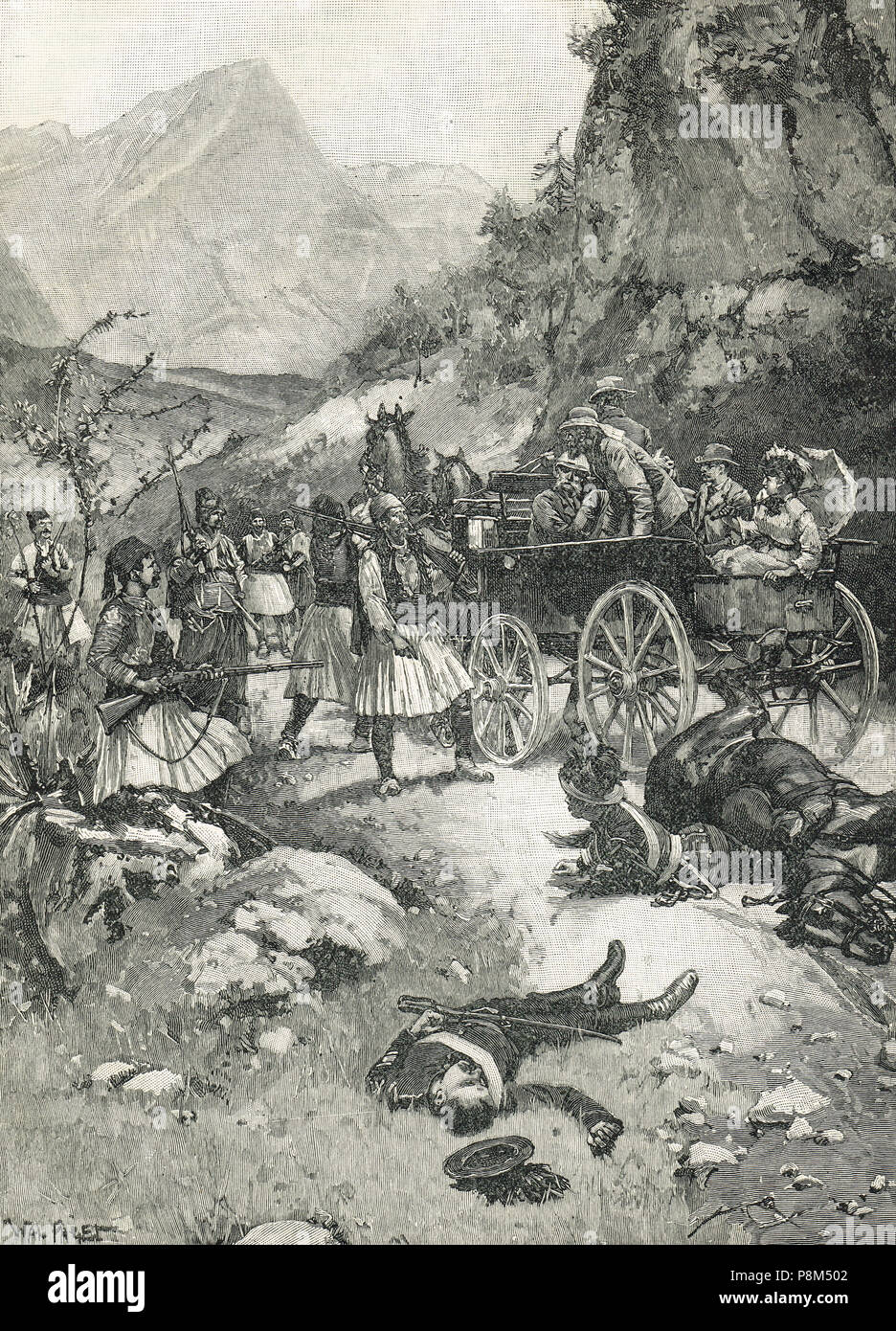 La captura de los turistas ingleses por bandidos griegos, el 12 de abril de 1870, en Oropos, cerca del maratón, Grecia Foto de stock