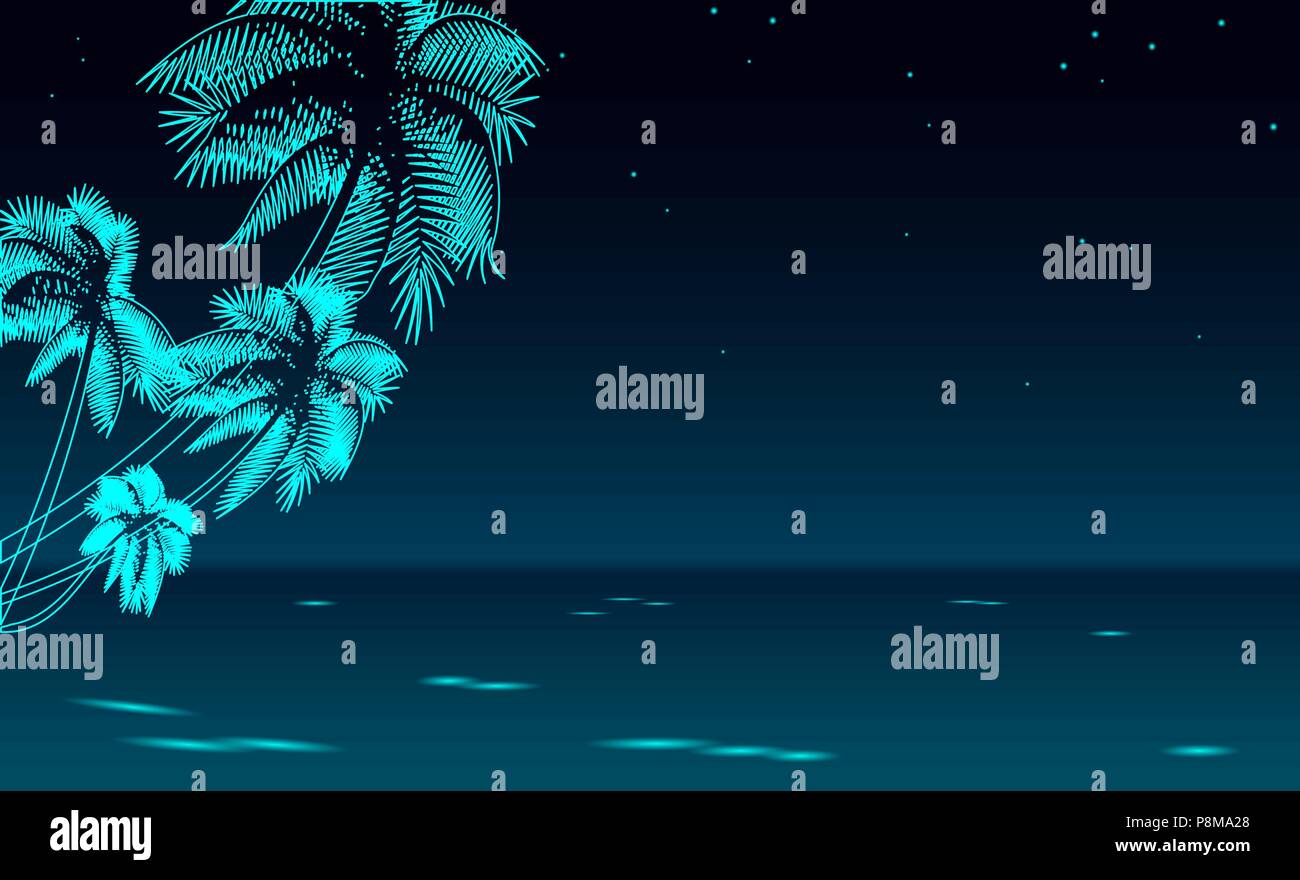 Seashore noche paseo mar vacaciones. Fecha romántica boda ocio viajes costa de arena cielo estrellado. Palm Beach Ocean shore ilustración vectorial. Tropic Ilustración del Vector