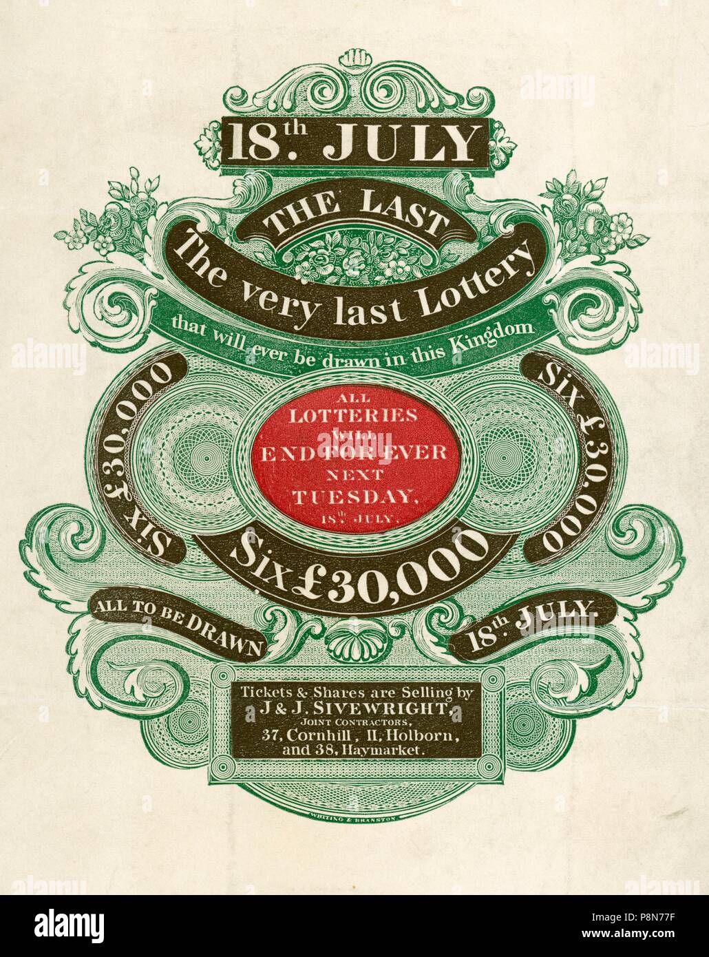 Anuncio de la última lotería que jamás será dibujado en este reino, el 18 de julio de 1826. Artista: Desconocido. Foto de stock