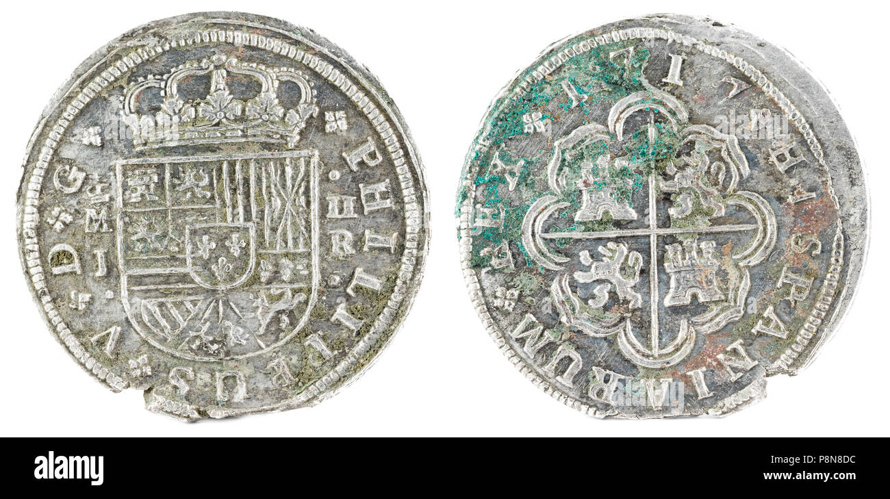 Antigua moneda de plata española del rey Felipe V. 1717. Acuñado en Madrid. 2 reales. Foto de stock