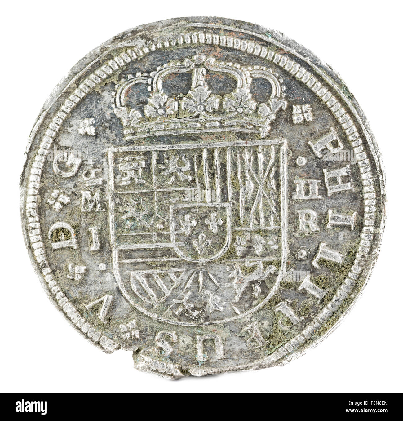 Antigua moneda de plata española del rey Felipe V. 1717. Acuñado en Madrid. 2 reales. Anverso. Foto de stock